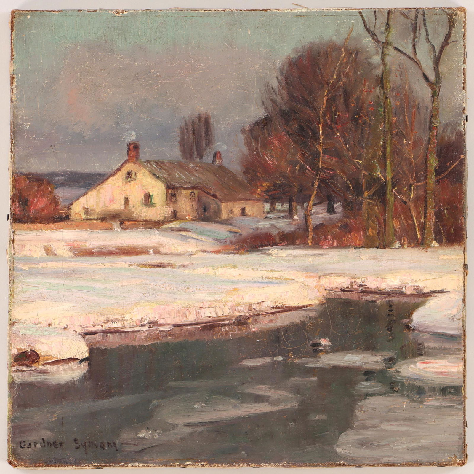 GEORGE GARDNER SYMONS: GEORGE GARDNER SYMONS (American, 1863-1930), winter landscape with farmhouse, oil on canvas, signed ''Gardner Symons'' lower left, unframed. Aging cracks, patched repair, stretcher marks. 14''sq. Prov