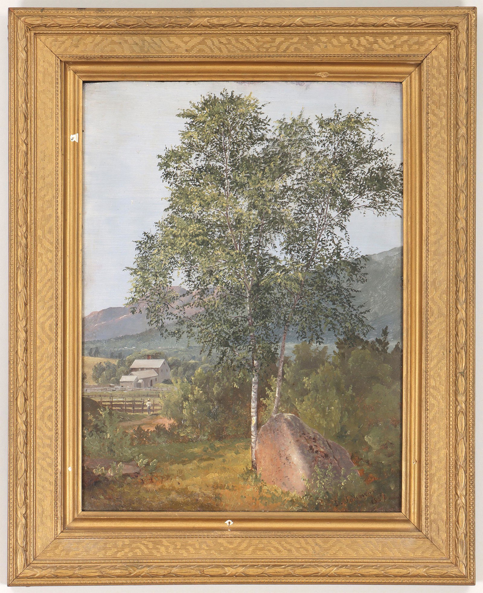 DAVID JOHNSON: DAVID JOHNSON (American, 1827-1908), ''Study at North Conway, N.H.'', 1851, oil on board, signed and dated lower right, titled, signed and dated on board verso. Minor frame rub. 15-3/4''h, 11-3/4''w.