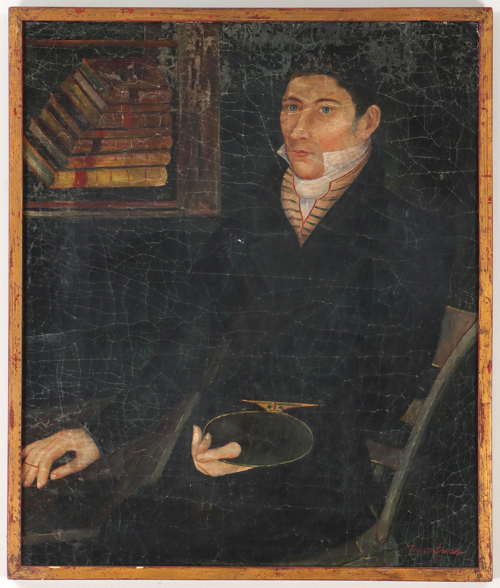 TREVOR JAMES (20th century): TREVOR JAMES (20th century), portrait of an artist with palette and books, oil on panel, signed lower right. Artificially aged. Overall 24-3/4''h, 20-3/4''w. Provenance: Estate of Joseph ''Jay'' St. M