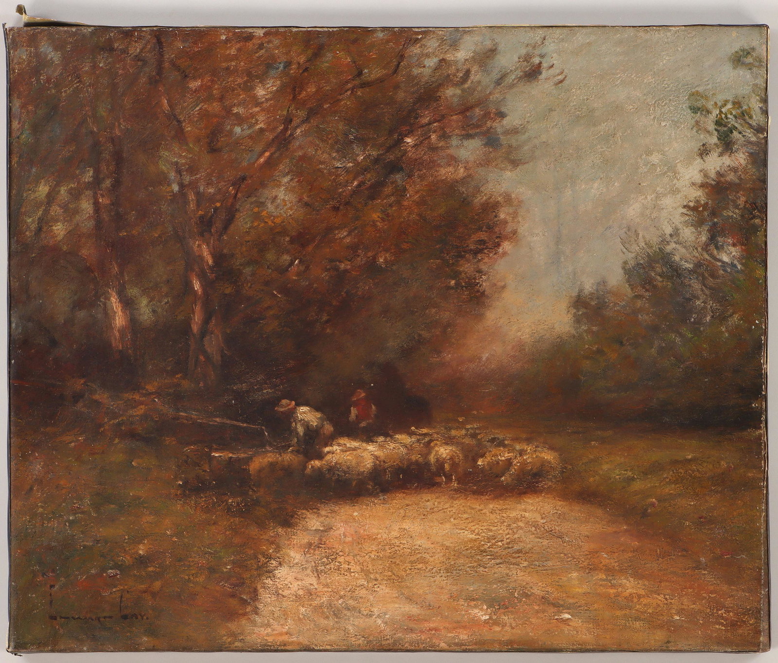 EDWARD B. GAY: EDWARD B. GAY (American, 1837-1928), pastoral landscape, oil on canvas, signed lower left, unframed. Relined, repair lower right, a few aging cracks. Canvas 20''h, 24''w. Provenance: Estate of Joseph