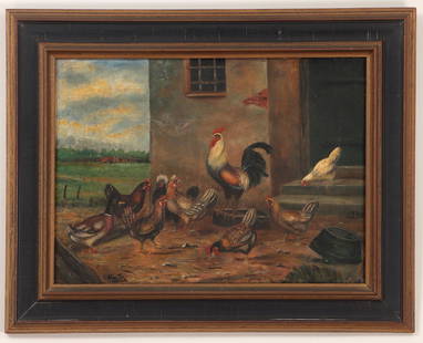 Manner of EDGAR HUNT: Manner of EDGAR HUNT (British, 1876-1953), farmyard scene, oil on canvas, signed indistinctly lower left. Relined, craquelure. Canvas 13-1/4''h, 18-1/4''w.