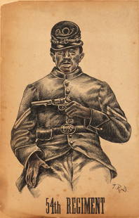 THEODORE RUSSELL DAVIS: THEODORE RUSSELL DAVIS (American, 1840-1894), ''54th Regiment'', portrait of an African American Civil War soldier, circa 1860s, conte crayon on paper laid down to card, initialed ''T. R. D.'' in