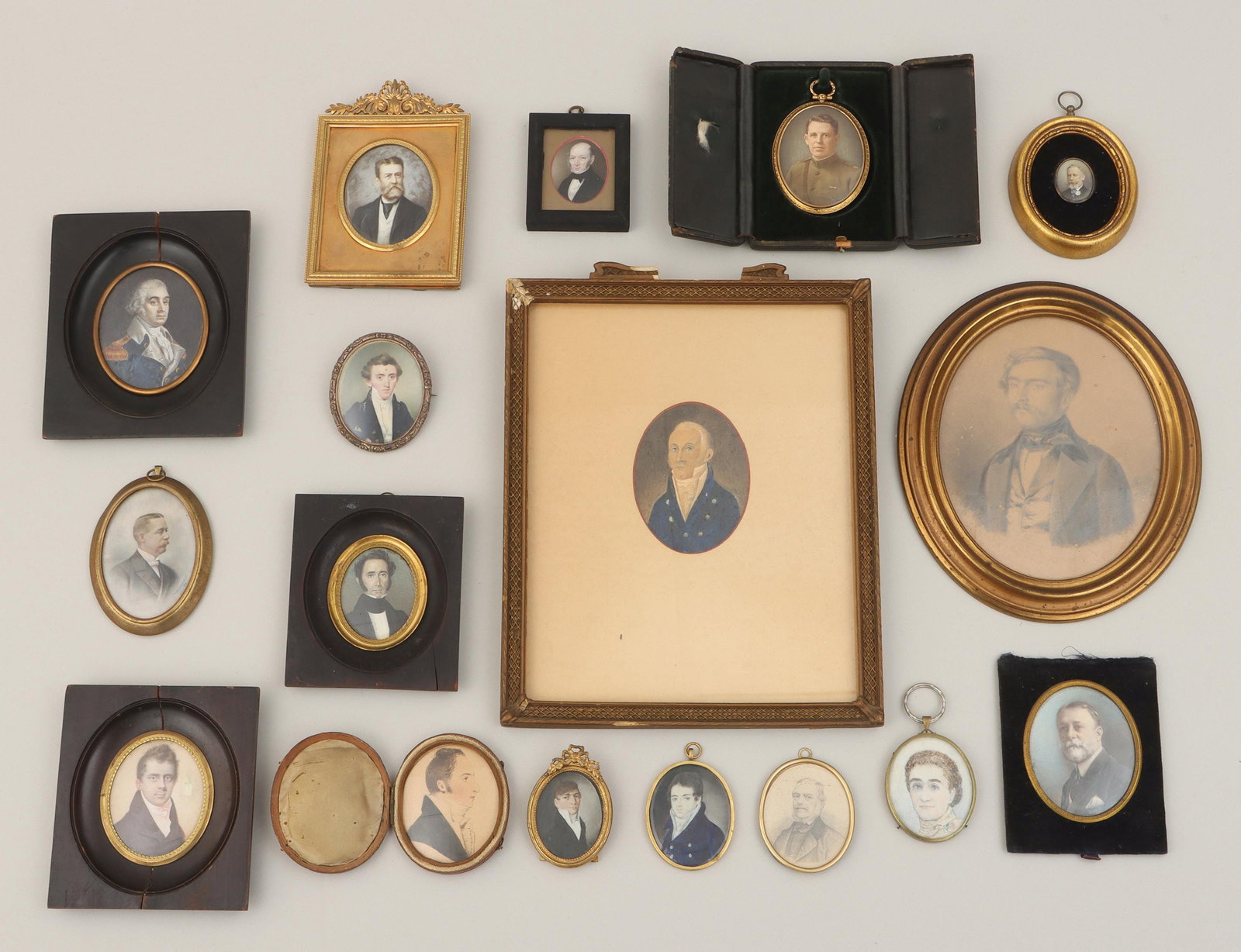 Group of (17) portrait miniatures: Group of (17) portrait miniatures of gentlemen, 19th and 20th century, British, American and Continental, to include: French School (19th century), portrait of General George Washington, watercolor, u