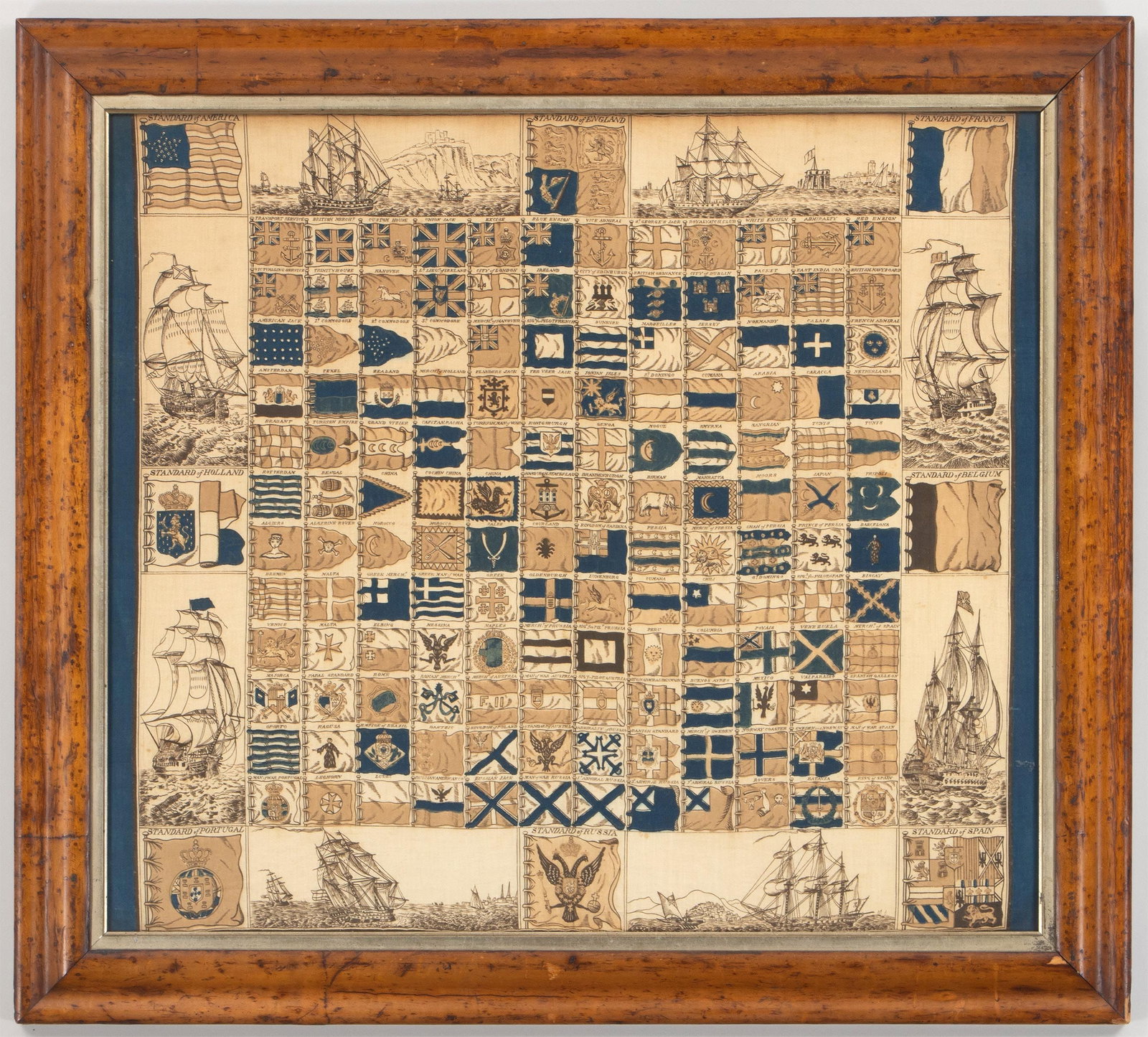 19th century naval flags: 19th century naval flags of the world linen print, stretched to board and mounted behind glass. In bird's eye maple frame. Age discoloration. Image sight 26''h, 30''w. IMPORTANT SHIPPING INFORMATION 1