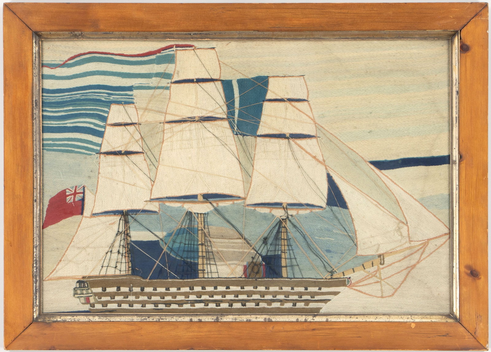 Large British woolwork: Large British woolwork picture of a three-masted ship. Minor age discoloration, a few loose threads. Image sight 20-1/4''h, 30-1/4''w. IMPORTANT SHIPPING INFORMATION 1 - LIVE-SHIPPING : The service is