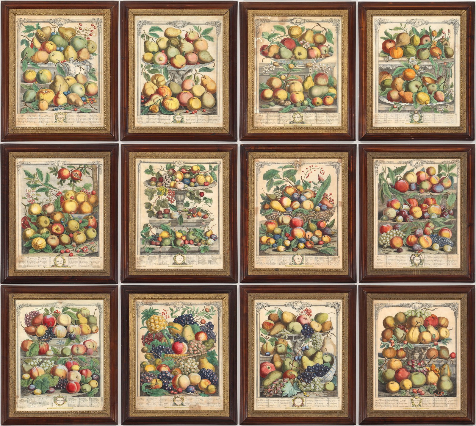 'The Twelve Months of Fruit'', 18C: ''The Twelve Months of Fruit'', set of (12) engravings with hand-coloring on laid paper, January through December, engraved by HENRY FLETCHER (British, fl. 1710-1753), JAMES SMITH (British, fl. 1733-1