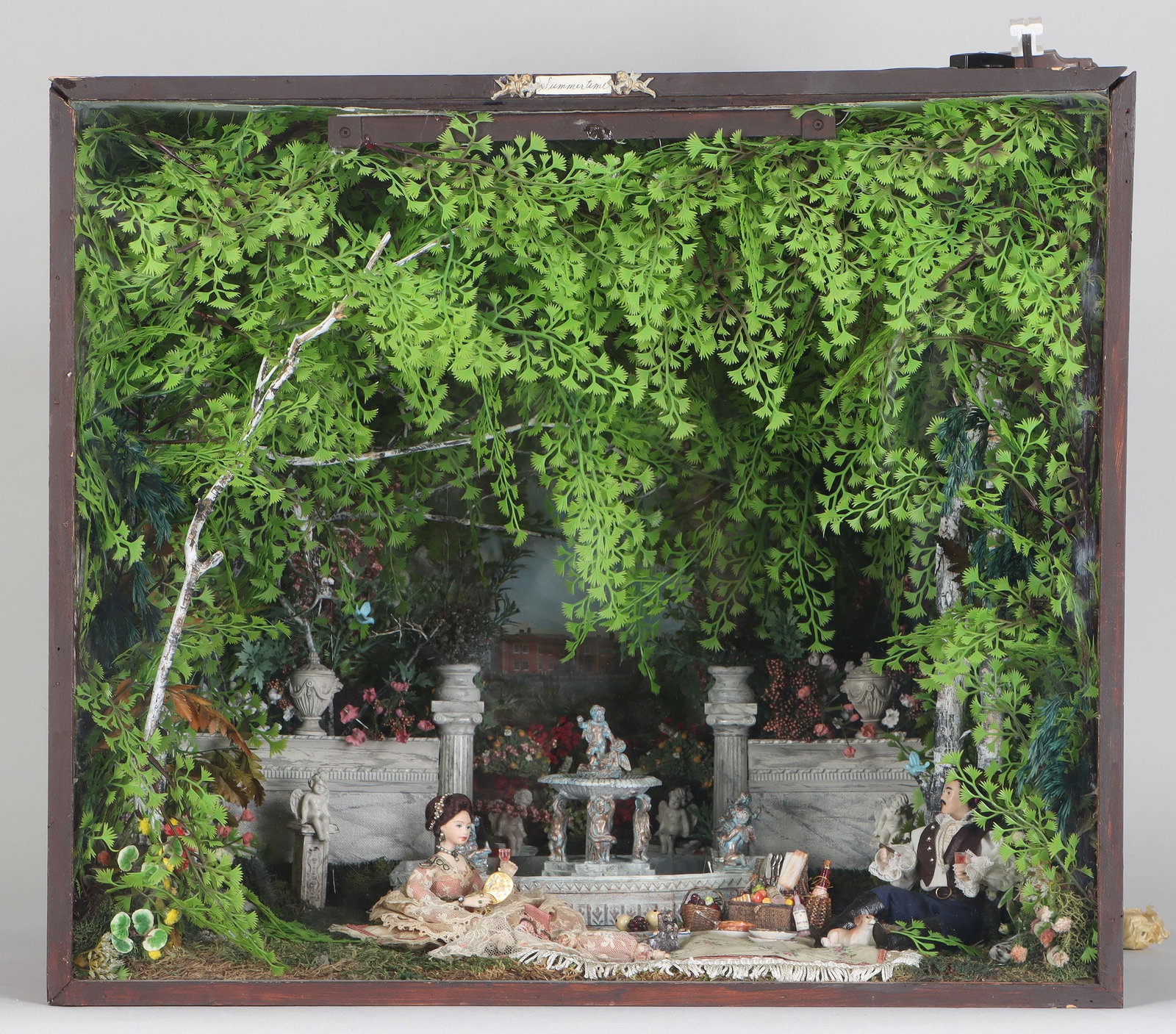 Miniature illuminated diorama: Miniature illuminated diorama, ''Summertime'', by Cathy Tabacco (American, Long Island, 20th/21st century), dated ''June 16, 2004'', acrylic front. Top left of box separating, one dog loose. Box 18-1/