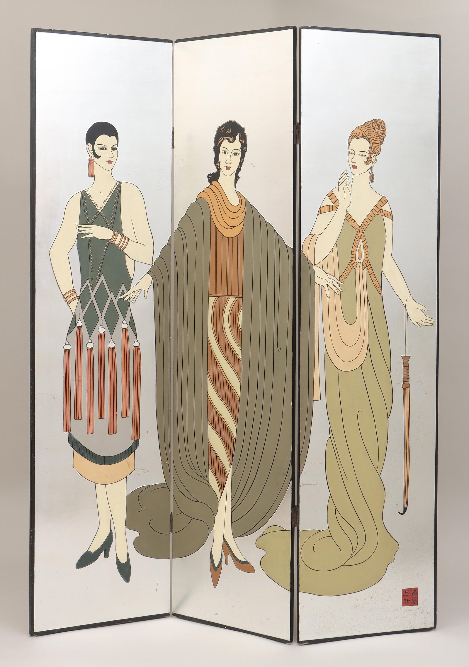 Art Deco-style room screen: Art Deco-style three-panel room screen having three polychrome-painted standing female figures on a silverleaf background. Some scratching, abrasions, chips. 80''h, 60-1/2''w, 1''d. IMPORTANT SHIPPING