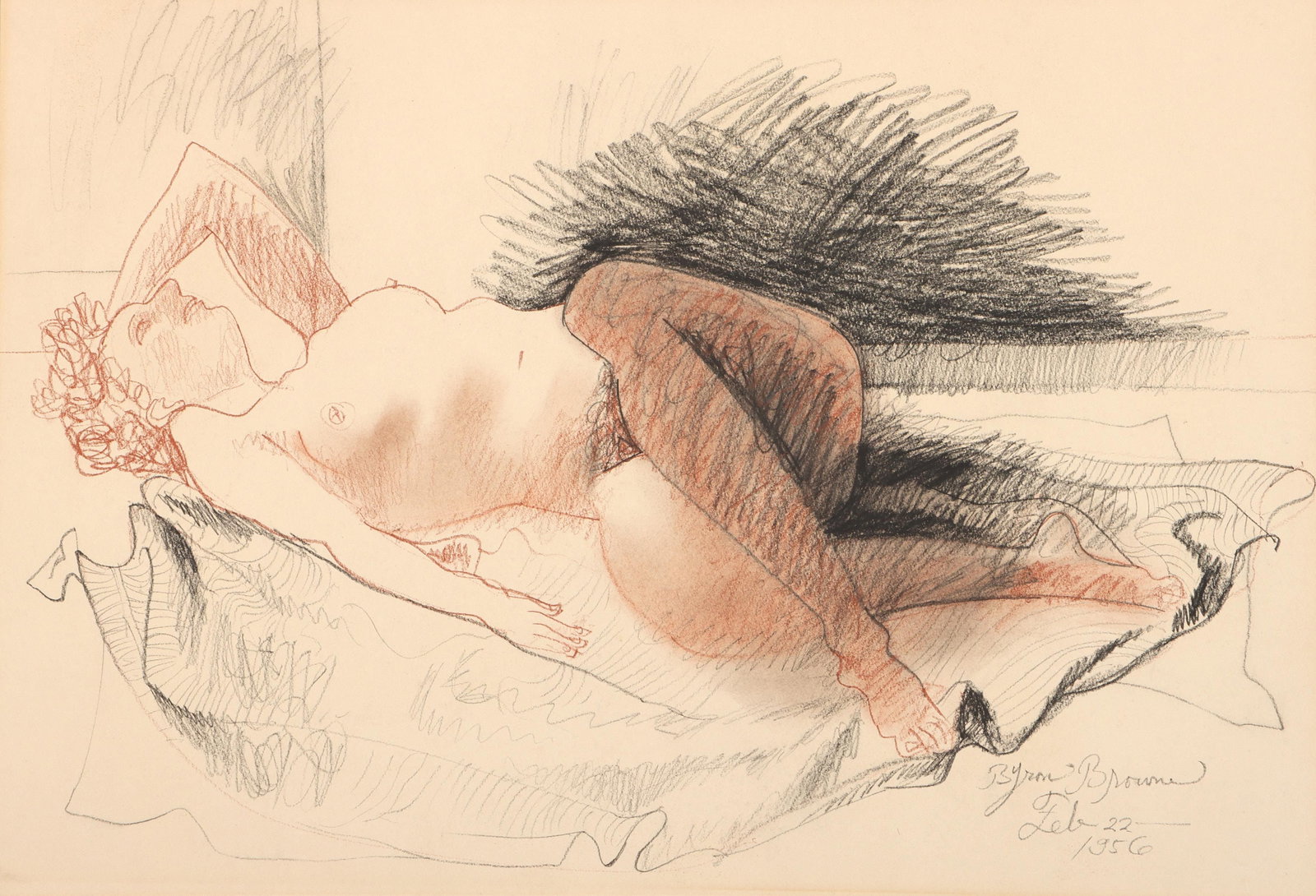 BYRON BROWNE (American, 1907-1961): BYRON BROWNE (American, 1907-1961), female reclining nude, sanguine and charcoal on wove paper, signed and dated ''Feb 22, 1956'' lower right, tipped-in to mat back from recto top corners. Matted and