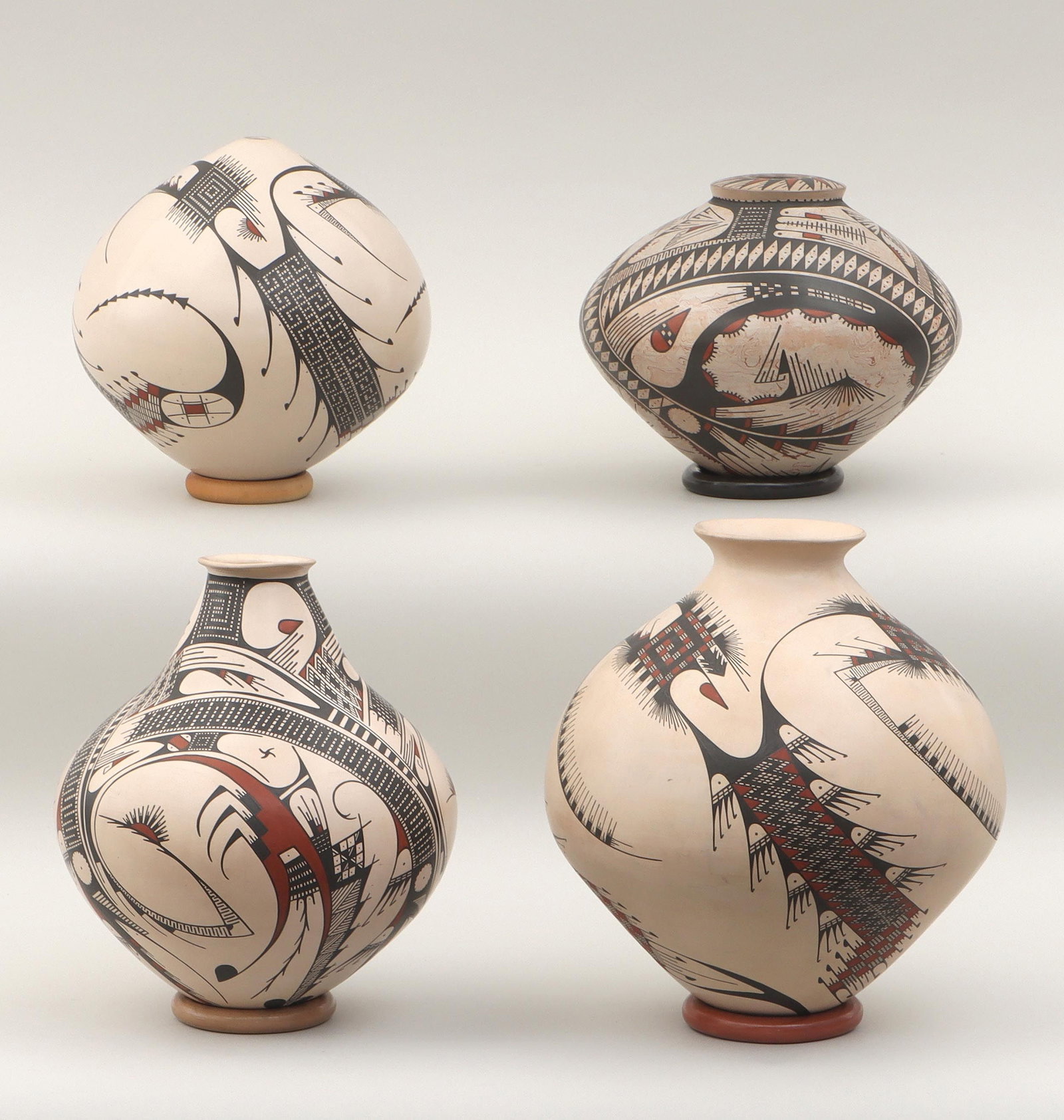MAURO C. QUEZADA: MAURO C. QUEZADA (Mata Ortiz, 20th/21st century), group of (4) painted pottery jars with black and red geometric designs, to include: (3) jars with design on white ground, (two with minor dirt and gri