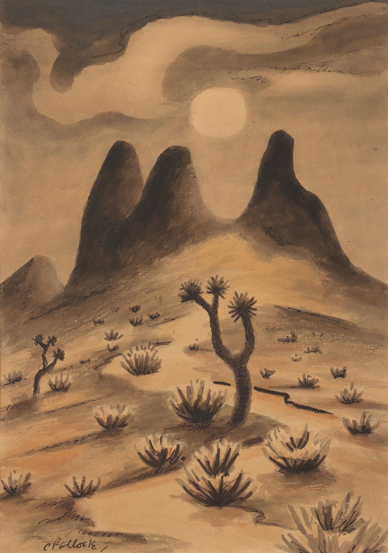 CHARLES POLLOCK (American, 1902-1988): CHARLES POLLOCK (American, 1902-1988), desert landscape, ink and color wash on paper, ink signed lower left. Hinge-mounted, matted and framed under glass. Toning. Image 9-7/8''h, 7''w; sheet 12''h, 9'
