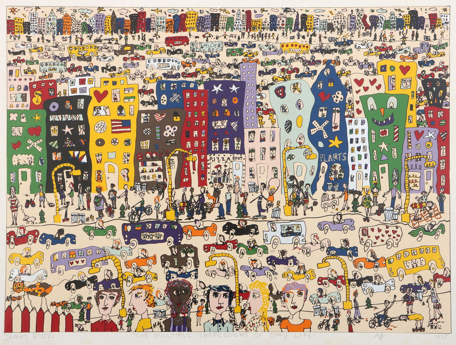 JAMES RIZZI (American, 1950-2011): JAMES RIZZI (American, 1950-2011), ''The Multiple Impressions of City Life'', 1978, screenprint in colors on BFK Rives wove paper, AP, pencil signed, dated, titled, and numbered in lower margin. Minor