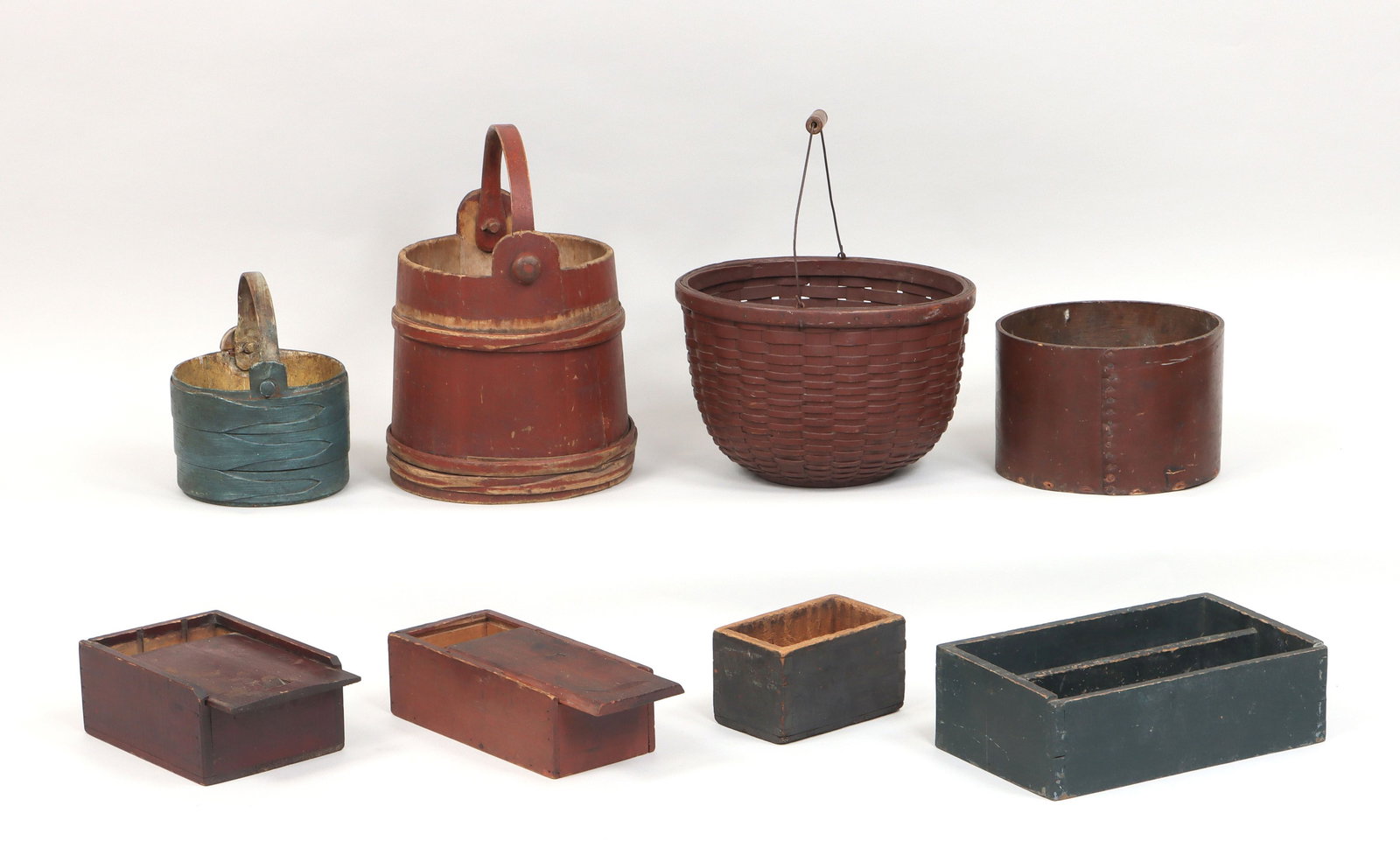 19C American country painted wood items: Group of (8) American country painted wood items, 19th century, to include: (2) red-painted slide-top boxes with square nail construction, comprising a candle box, (small chips, paint flakes), and a b