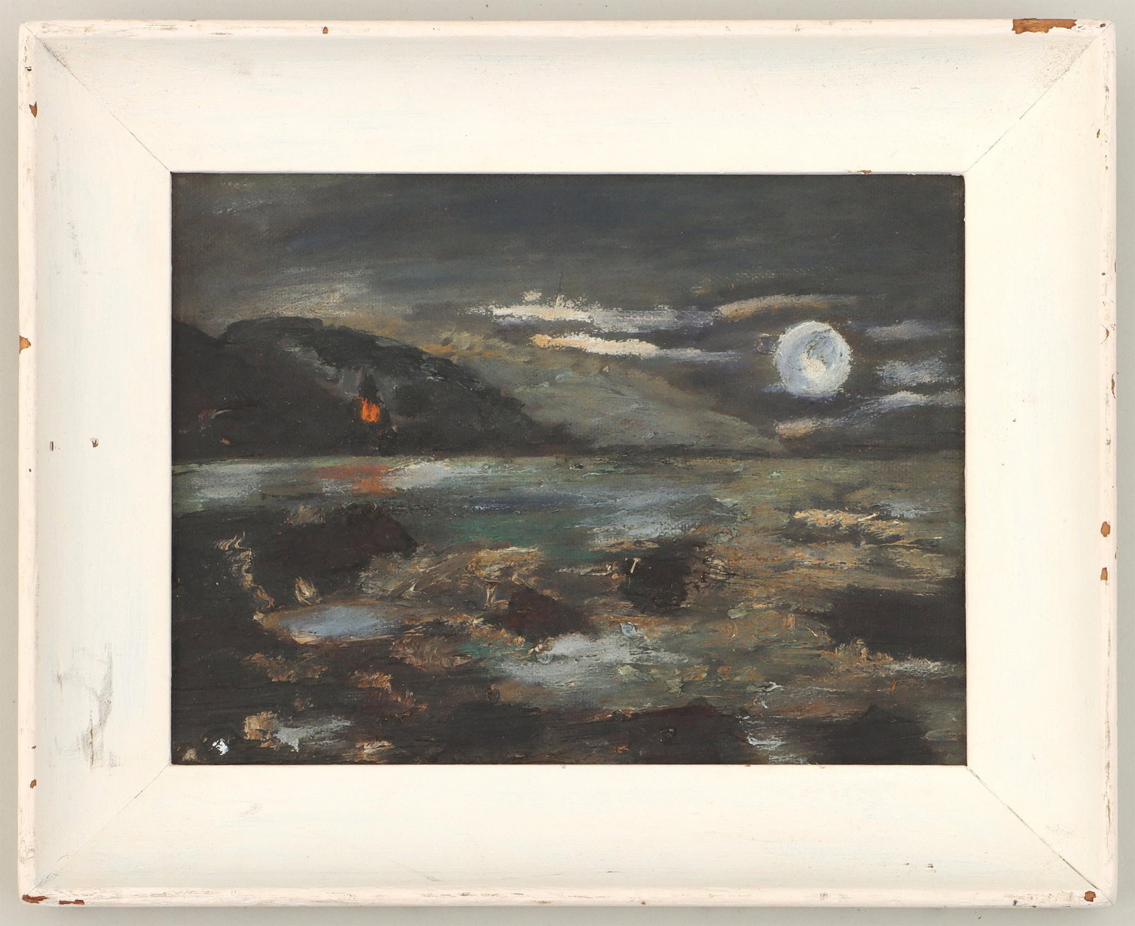 Attr to LOUIS MICHEL EILSHEMIUS (American): Attributed to LOUIS MICHEL EILSHEMIUS (American, 1864-1941), ''Bonfire on a Moonlit Coast'', oil on canvasboard, unsigned, inscribed title and attribution on handwritten label to frame verso. Canvasbo