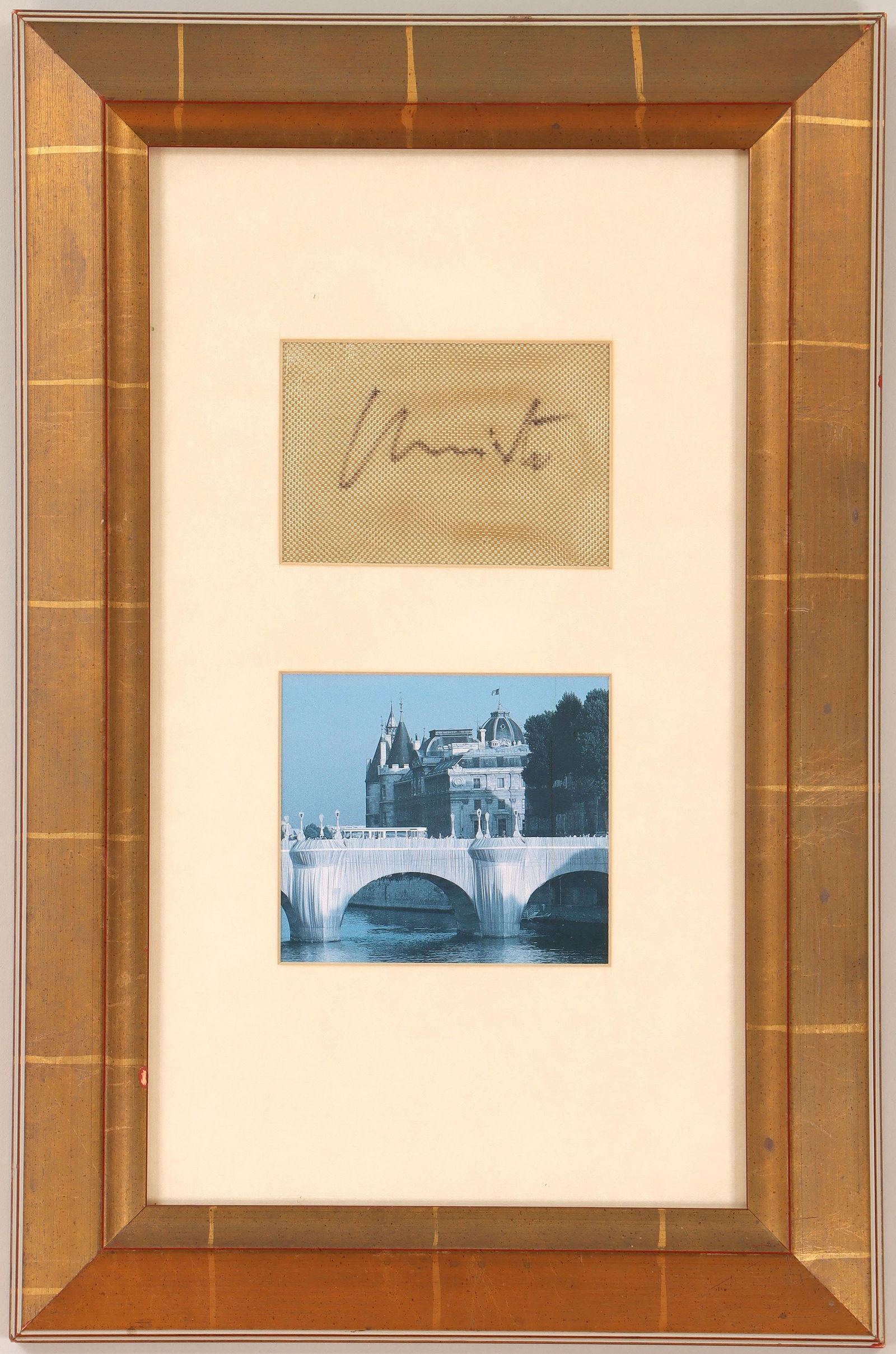 CHRISTO and JEANNE-CLAUDE: CHRISTO and JEANNE-CLAUDE (Bulgarian, 1935-2020 and Moroccan, 1935-2009), from ''Pont Neuf, Wrapped Paris'', circa 1985, fragment of woven polyamide fabric, signed, framed together with offset lithogr
