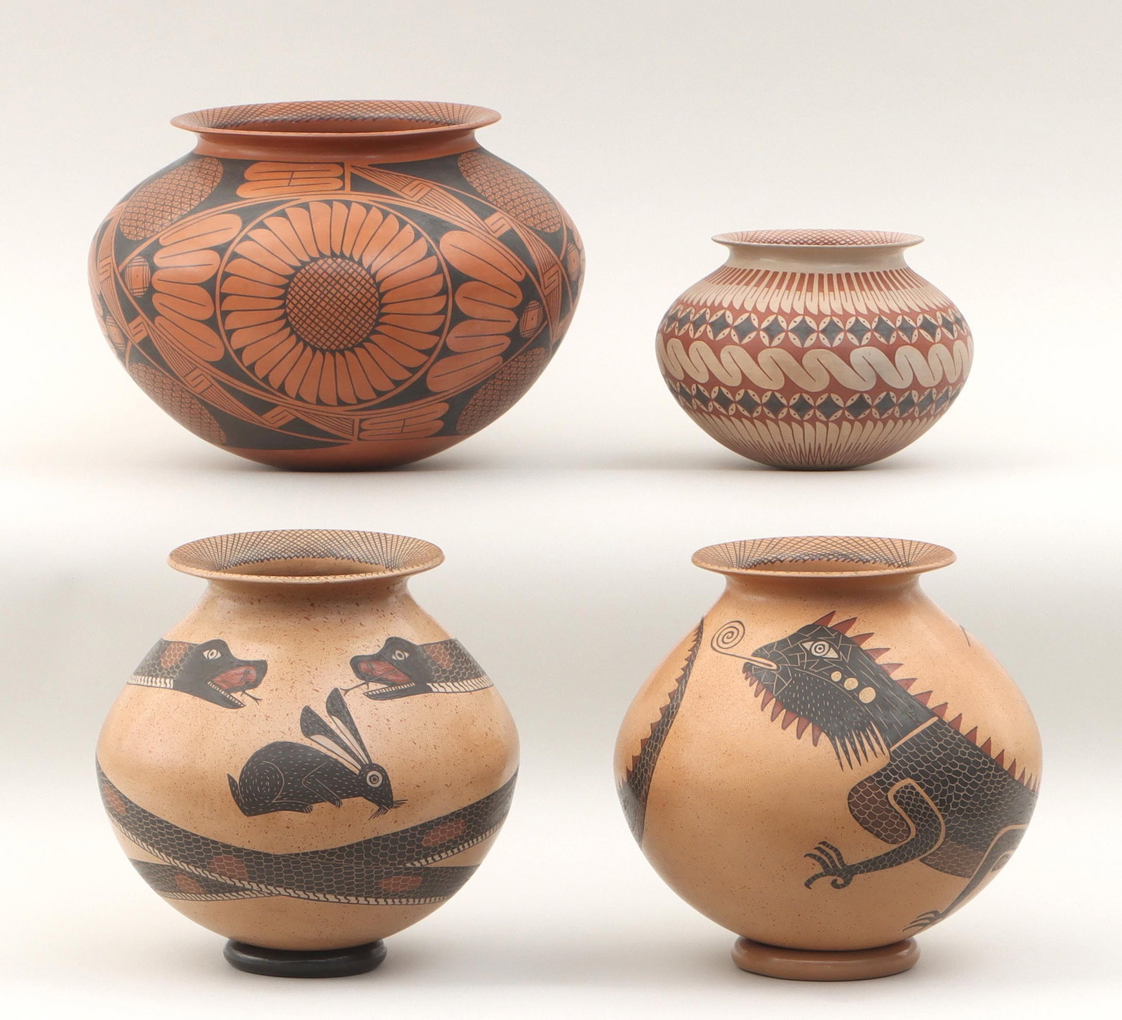 ROBERTO BANUELOS (Mata Ortiz): ROBERTO BANUELOS (Mata Ortiz, 20th/21st century), group of (4) polychrome painted ollas having rims with crosshatch pattern, to include: olla with snakes and rabbit; olla with lizards; olla having bla