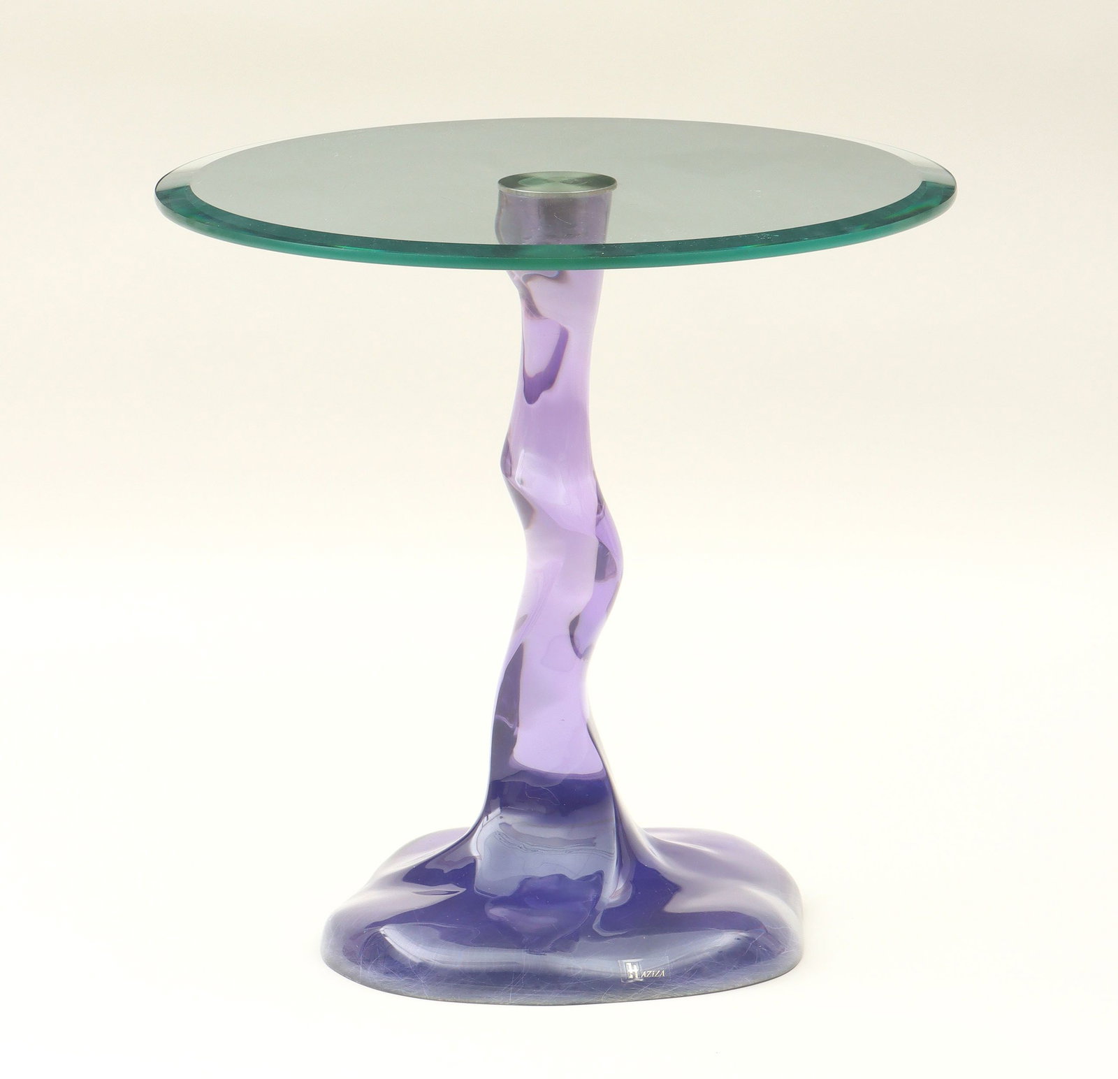 SHLOMI HAZIZA (American/Israeli, born 1969): SHLOMI HAZIZA (American/Israeli, born 1969) lucite side table with glass top and freeform pedestal base, marked on sticker to base. Scratches. 19-1/2''h, 20''dia.