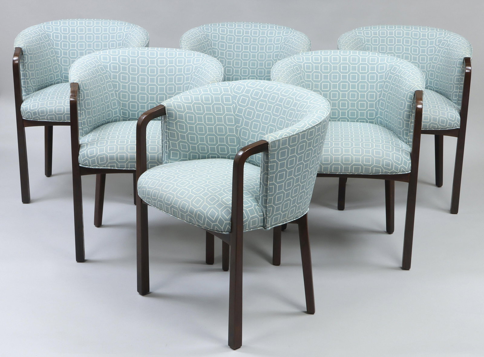 Set of (6) EDWARD WORMLEY for Dunbar: EDWARD WORMLEY (American, 1907-1995) for Dunbar, set of (6) barrel back upholstered armchairs. Minor wear, one with some stains to seat. 30-1/2''h, 24''w, 23''d.
