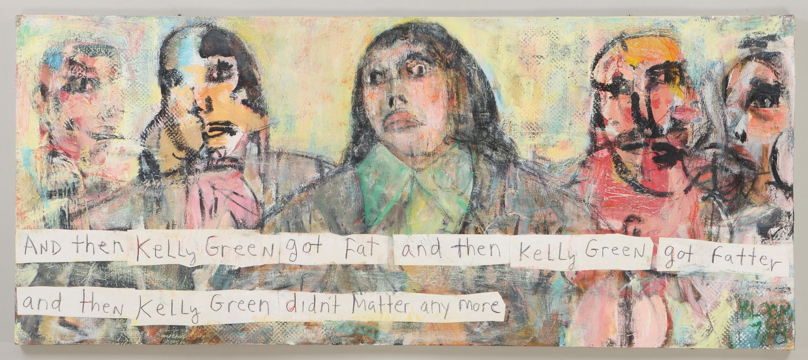 JIM BLOOM (American, b. 1968): JIM BLOOM (American, b. 1968), ''And Then Kelly Green Got Fat and Then Kelly Green Got Fatter and Then Kelly Green Didn't Matter Any More'', mixed media on panel, signed lower right and dated ''7/08''