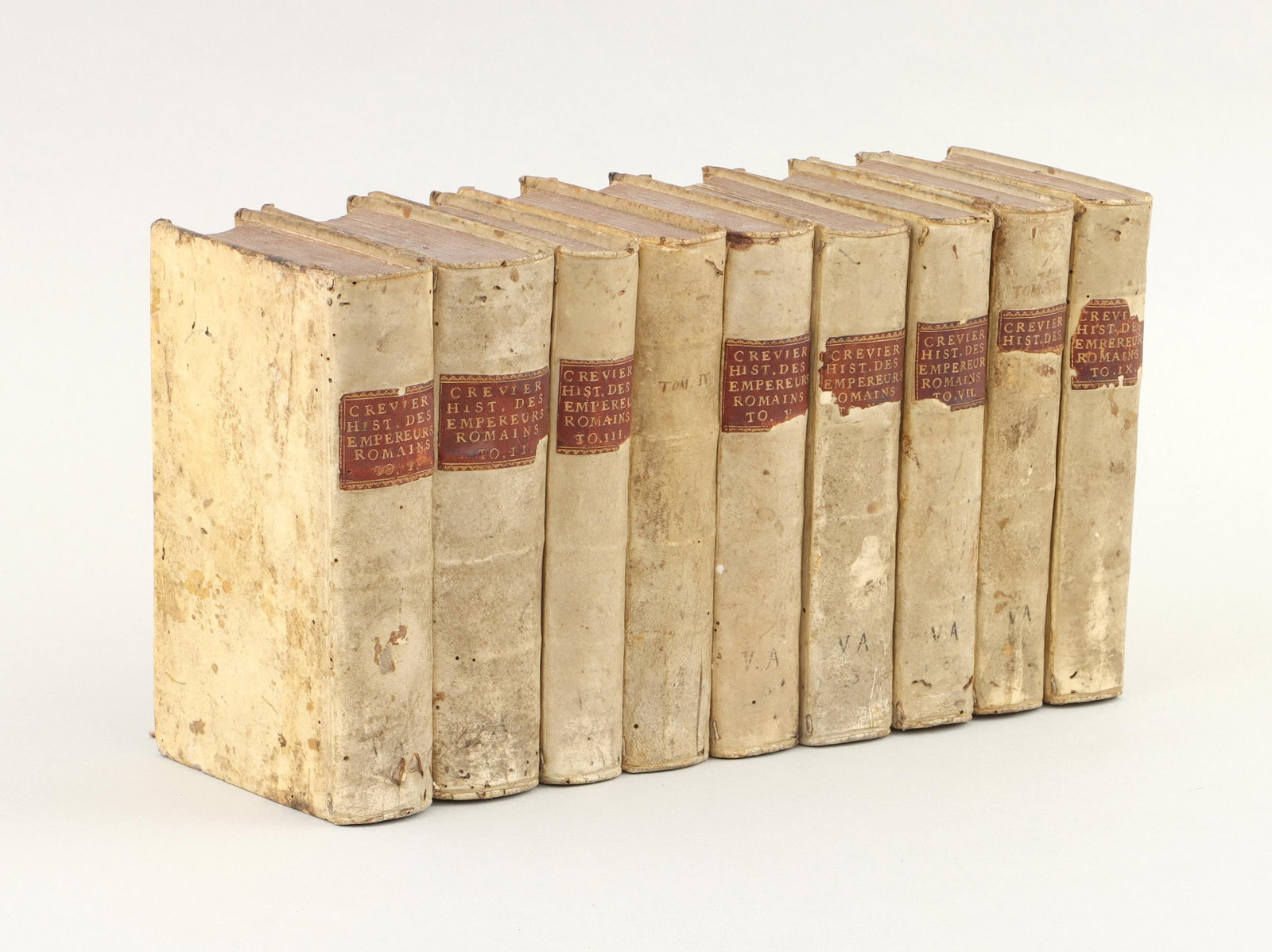 JEAN-BAPTISTE LOUIS CREVIER: JEAN-BAPTISTE LOUIS CREVIER, ''Histoire des Empereurs Romains Depuis Auguste Jusqu'a Constantin. '', 9 volumes, five with engraved fold-out maps, quarto, vellum bound, Paris: Chez Desaint et Saillant,