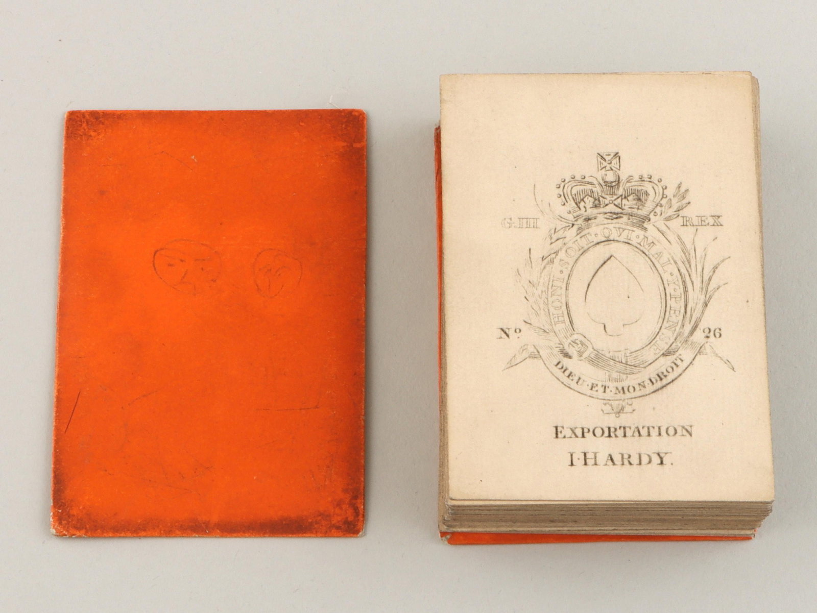 I. Hardy, standard English playing cards: I. Hardy, standard English pack of 52 playing cards, circa 1810, having woodcut court cards with pochoir colors and ''Exportation'' marked Ace of Spades, with orange cover boards. Ace of hearts with t