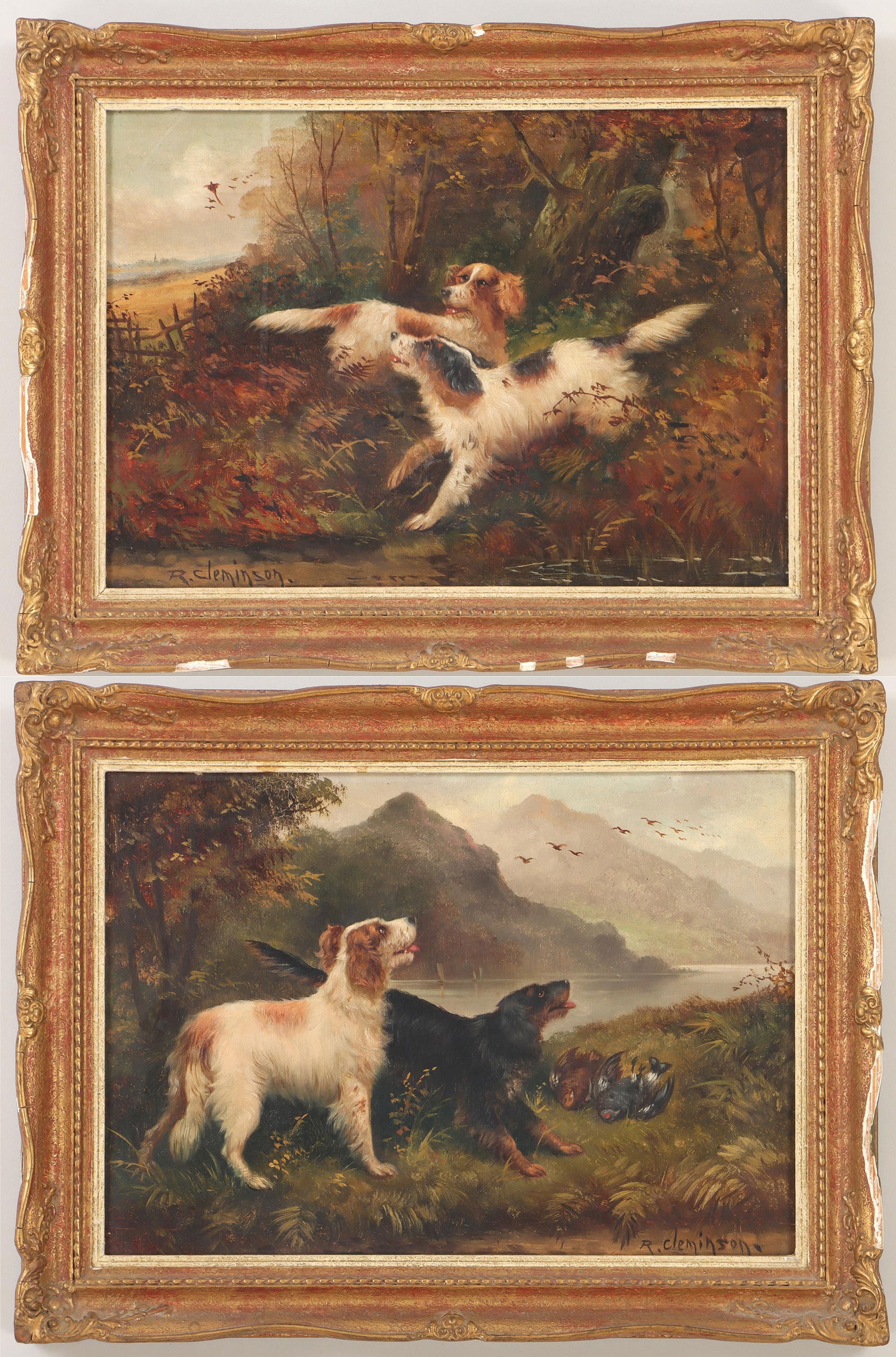 ROBERT CLEMINSON (British, 1864-1903): ROBERT CLEMINSON (British, 1864-1903), pair of sporting scenes with gun dogs and pheasants, oil on canvas, signed. One canvas cut-down and lined, with repaired tear. Canvases 10''h, 14''w.