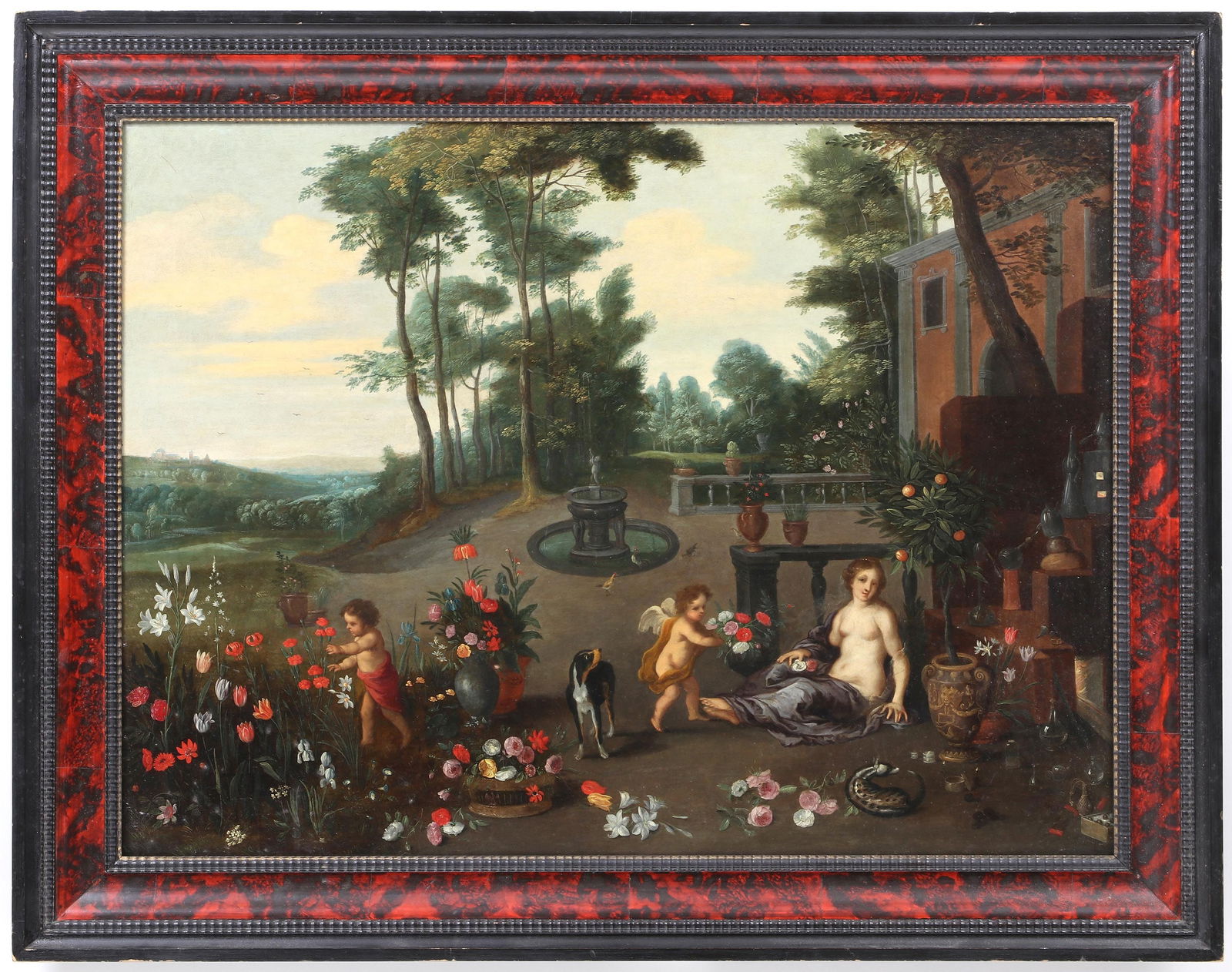 After JAN BRUEGHEL THE YOUNGER: After JAN BRUEGHEL THE YOUNGER (Flemish, 1601-1678), ''Allegory of the Sense of Smell'', oil on copper nailed to panel, unsigned. Masking varnish with signs of scattered inpainting beneath, minor scuf
