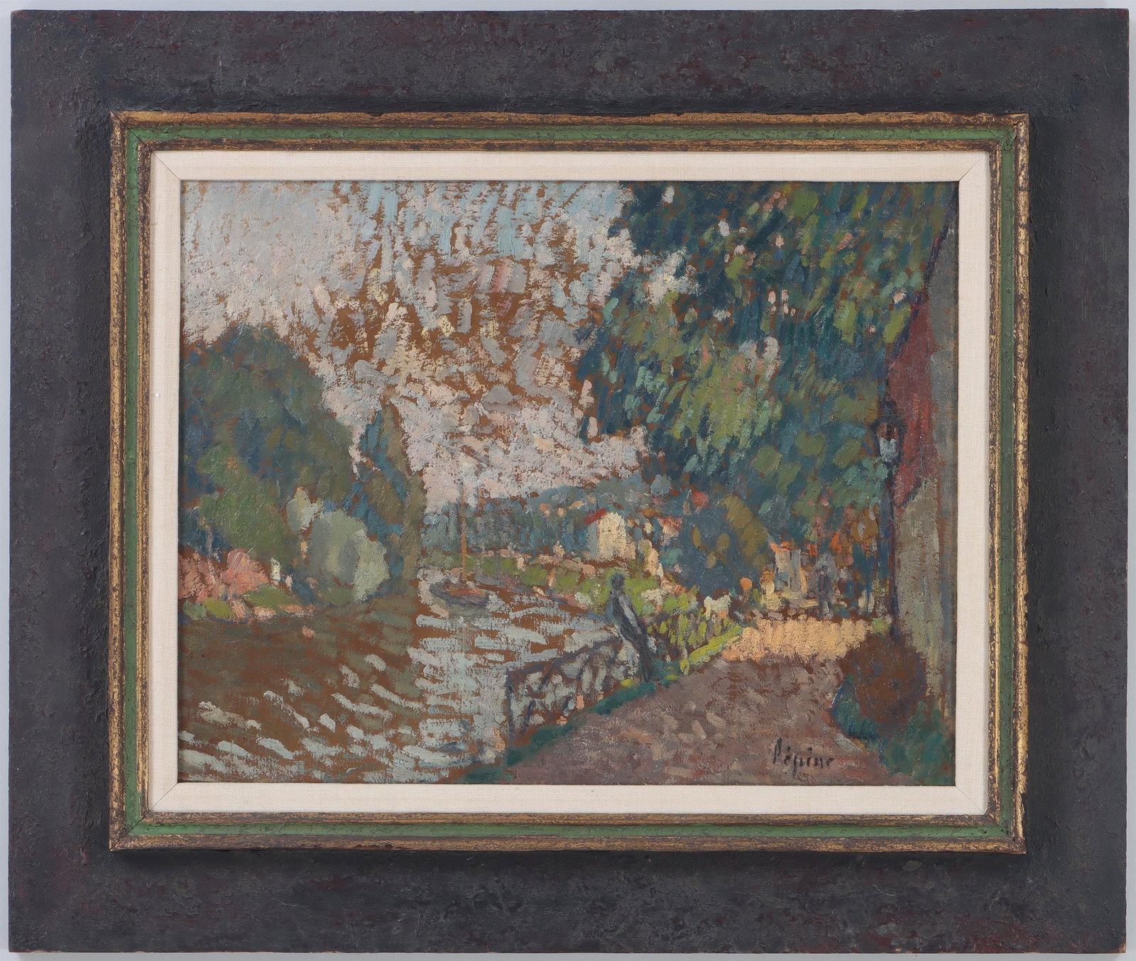 JOSEPH LOUIS LEPINE (French, 1867-1943): JOSEPH LOUIS LEPINE (French, 1867-1943), ''Bord de la Riviere'' (Riverbank), oil on board, signed lower right, David David, Inc. gallery label on verso. Board 16-3/4''h, 21-1/2''w.