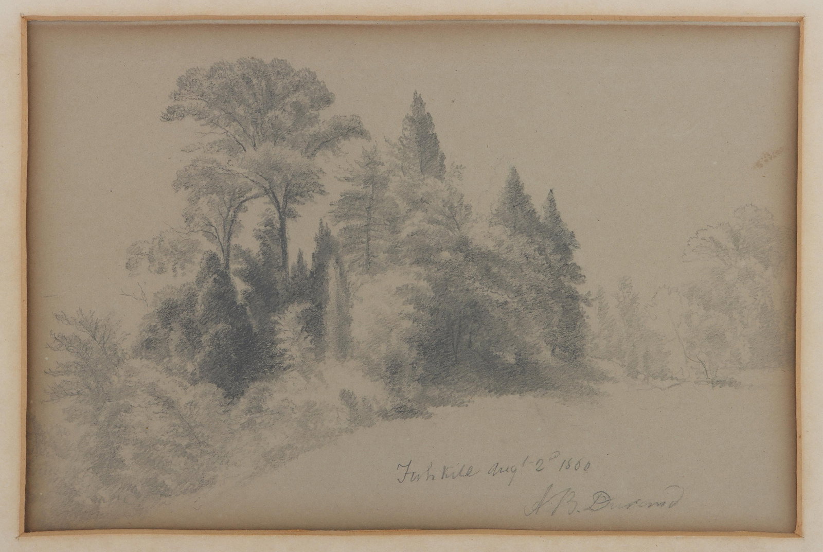 ASHER BROWN DURAND (American, 1796-1886): ASHER BROWN DURAND (American, 1796-1886), ''Fishkill, Aug 2nd, 1860'', pencil on paper, signed, titled and dated lower right. Glue-mounted to card, (card with albumen portrait of writer, Annie Adams F