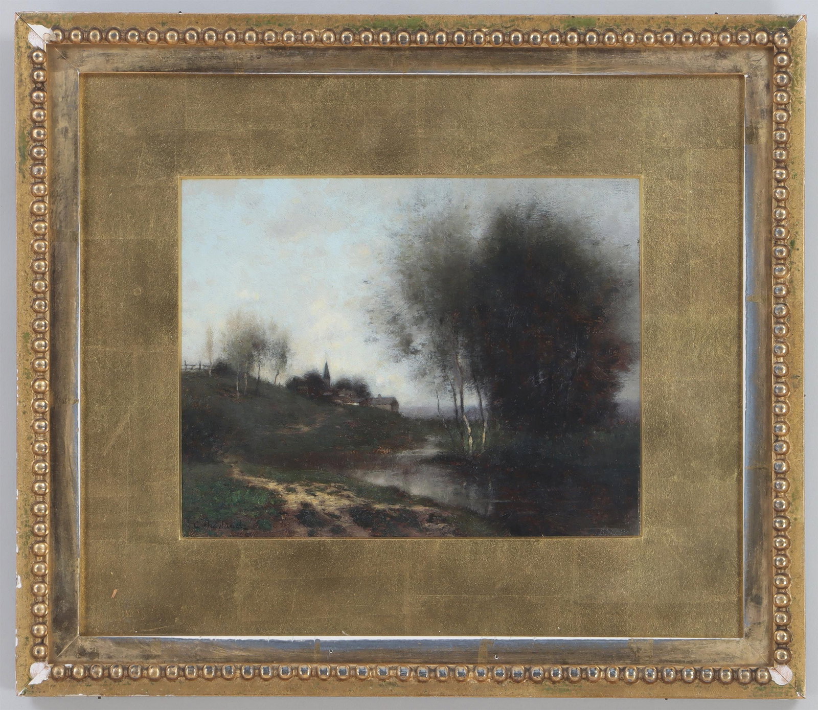 ALFRED CORNELIUS HOWLAND (American, 1838-1909): ALFRED CORNELIUS HOWLAND (American, 1838-1909), ''Path by the River'', oil on board, signed ''A. C. Howland'' lower left. Matted and framed under glass. Minor frame rub, gilt and adhesive traces to ed