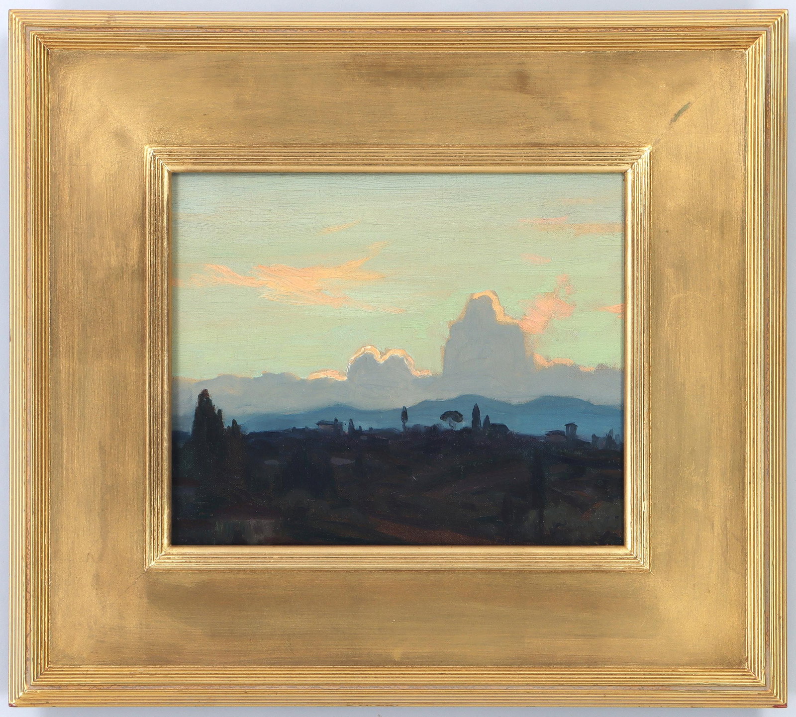 ELIOT CANDEE CLARK (American, 1883-1980): ELIOT CANDEE CLARK (American, 1883-1980), sunset landscape, oil on canvas, signed lower right. Lined, mild skinning. Canvas 10''h, 12''w.