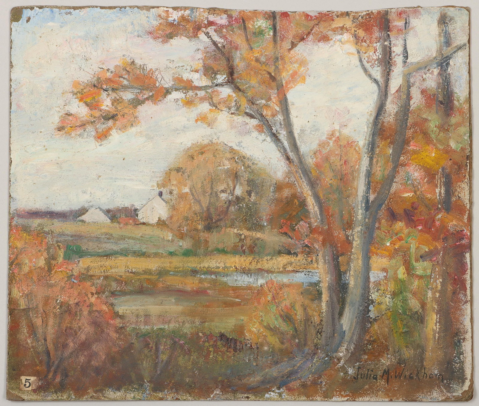 JULIA M. WICKHAM (Long Island, 1866-1952): JULIA M. WICKHAM (American, Long Island, 1866-1952), double-sided painting, oil on board, unframed, comprising: autumn landscape with homestead (recto), signed lower right, (minor flaking to edges); a
