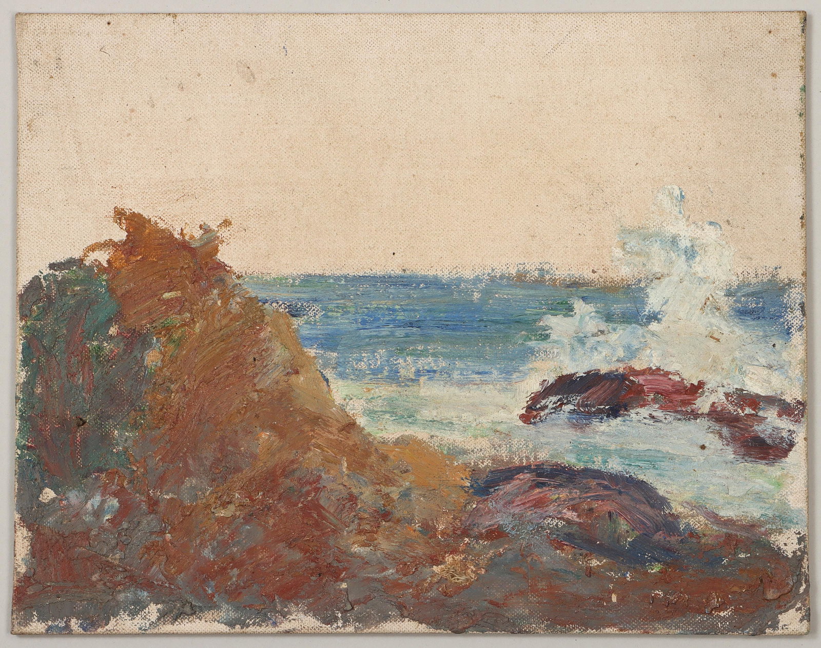 JULIA M. WICKHAM (Long Island, 1866-1952): JULIA M. WICKHAM (American, Long Island, 1866-1952), rocky coastal landscape with crashing waves, oil on canvasboard, unsigned, unframed. Pinhole top left, surface dirt and grime. Canvasboard 7-3/4''h