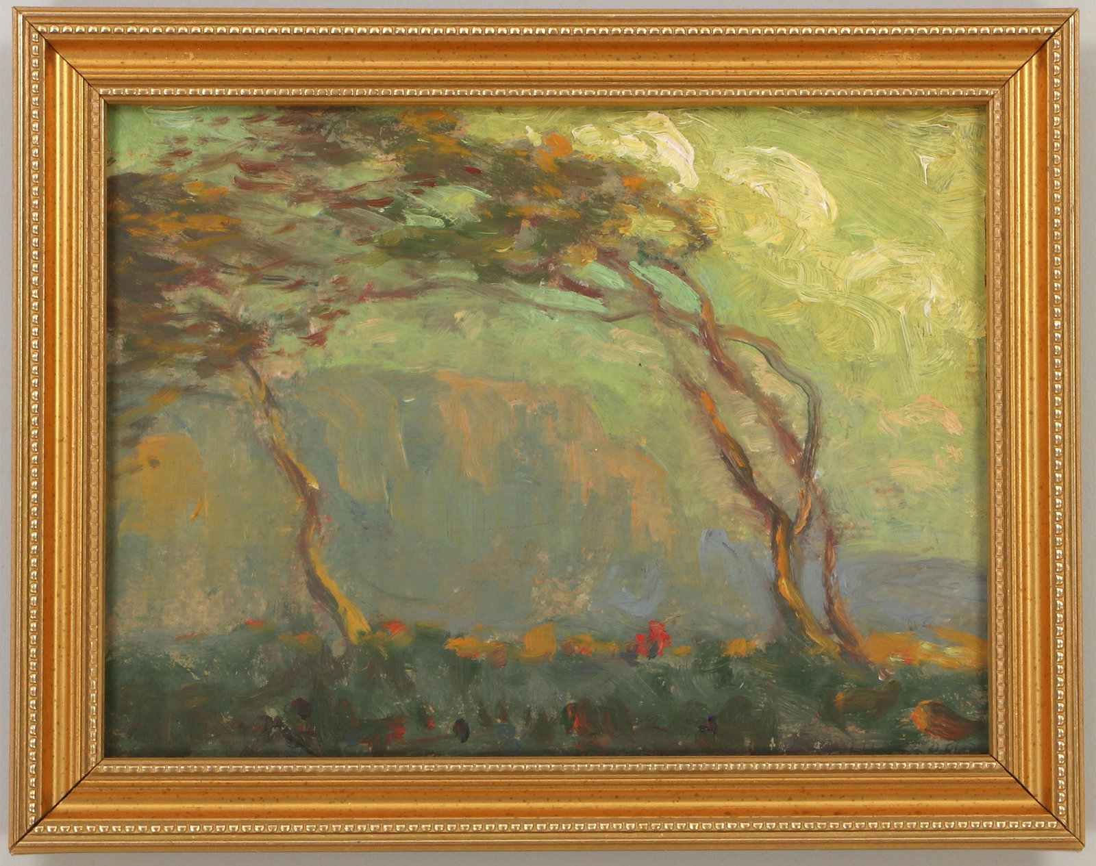 WHITNEY MYRON HUBBARD (Long Island, 1875-1965): WHITNEY MYRON HUBBARD (American, Long Island, 1875-1965), mountain landscape, oil on board (chocolate box lid), signed ''W. M. Hubbard'' in pencil lower right. A few light vertical scratches. Board 6'
