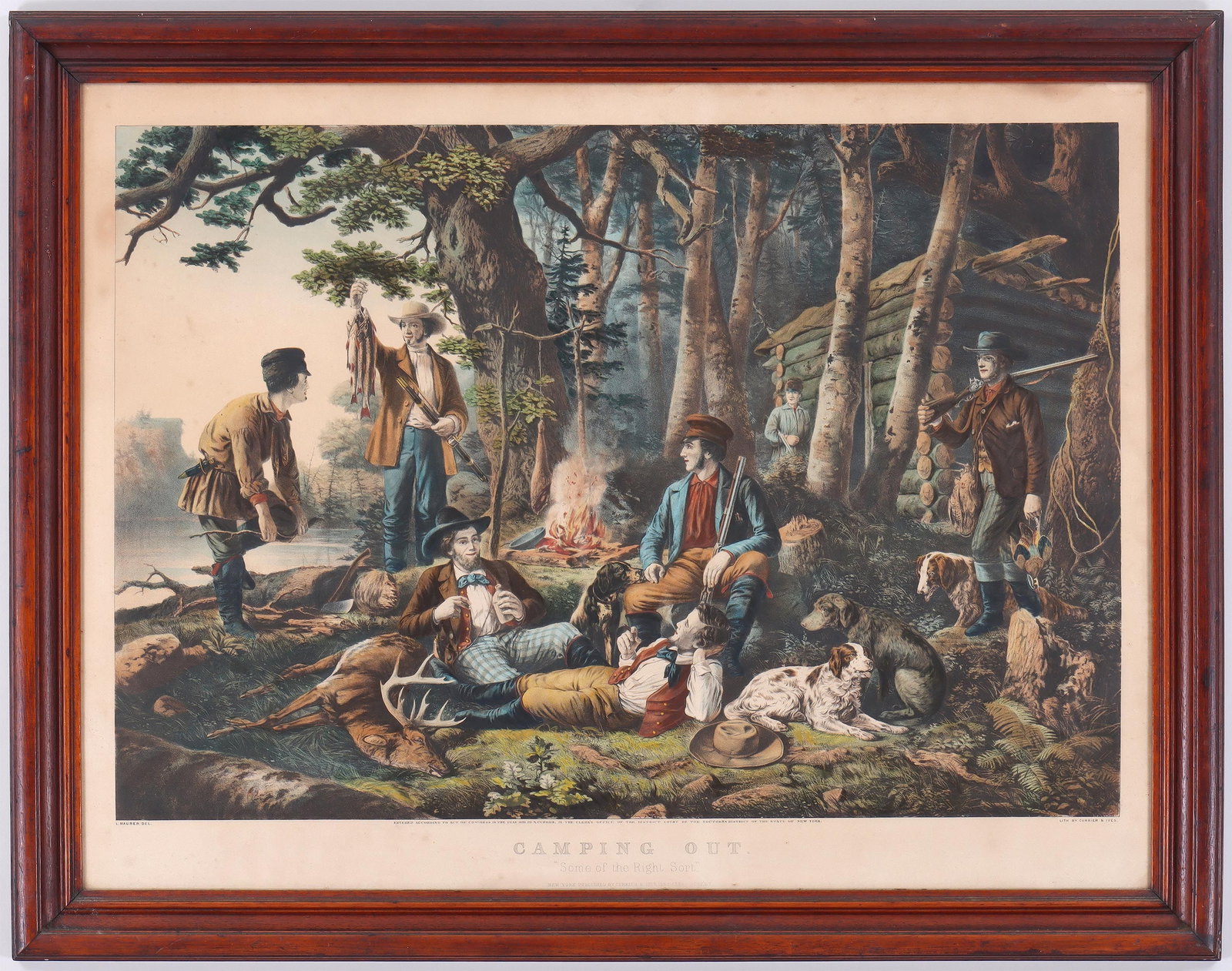CURRIER & IVES: CURRIER & IVES after LOUIS MAURER (German/American, 1832-1932), ''Camping Out: Some of the Right Sort'', 1856, hand-colored lithograph on wove paper, heightened with gum arabic, framed under glass. To