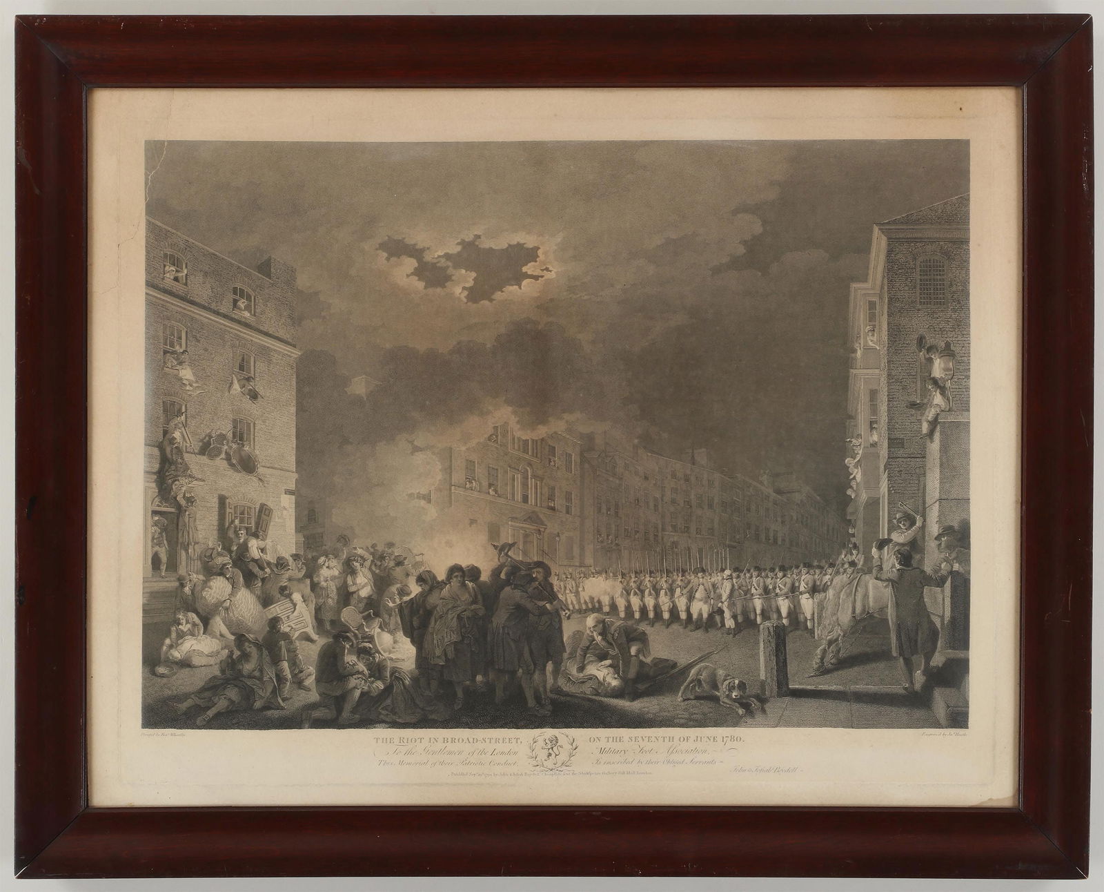 'The Riot in Broad Street...'', JAMES HEATH: ''The Riot in Broad Street on the Seventh of June 1780'', JAMES HEATH (British, 1757-1834) after FRANCIS WHEATLEY (British, 1747-1801), engraving on wove paper. Trimmed, laid down to board, tear to up