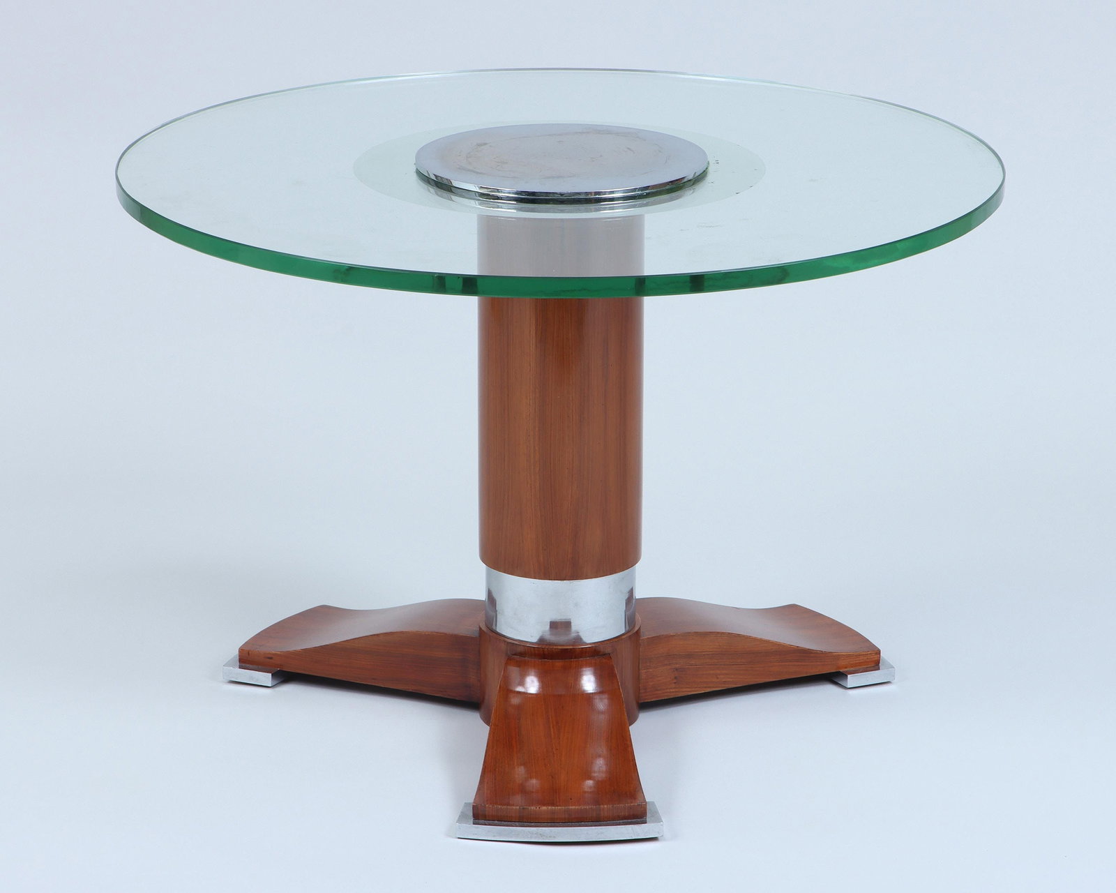 JULES LELEU (French, 1883-1961): JULES LELEU (French, 1883-1961), mahogany, glass and chrome coffee table having a circular top with mirrored center, on straight cylindrical standard with chrome band, tripart base with chrome feet. W
