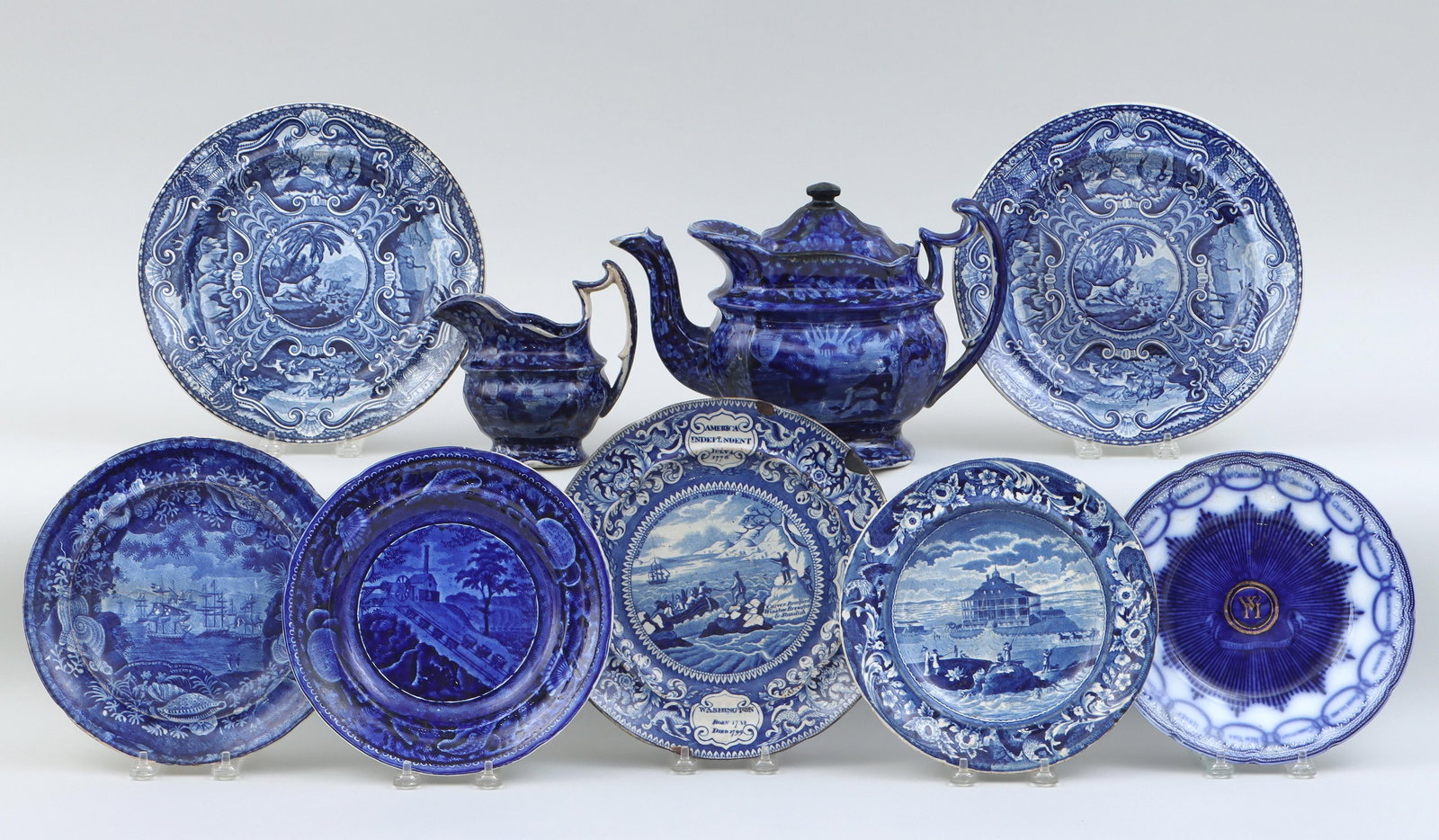 Group of (9) Staffordshire: Group of (9) Staffordshire flow blue transfer-ware table articles with historical American subjects, to include: 18th/19th century ''Nahant Hotel near Boston'' plate, possibly Joseph Stubbs, Burselm;