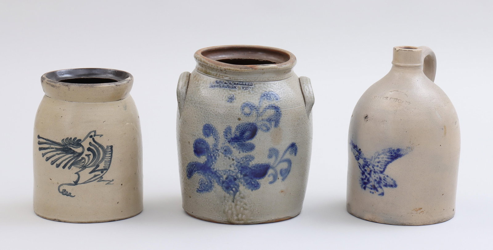 Group of (3) 19th century American stoneware: Group of (3) 19th century American stoneware, to include: 2-gallon crock with cobalt flower design, having applied lug handles and incised line decoration to shoulder and neck, impressed mark "O. L. &