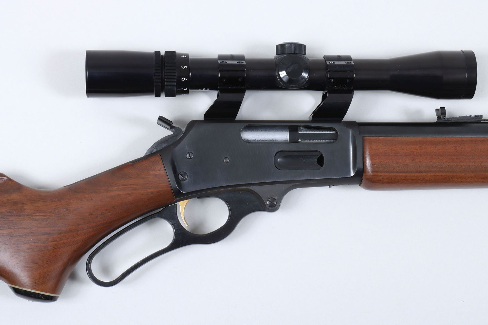 Marlin Model 444S lever action big game rifle: Marlin Model 444S lever action big game rifle in 444 Marlin caliber. The barrel measures 22'' with a ''JM'' stamp and short magazine which holds four rounds and micro-groove rifling. The rear buck hor