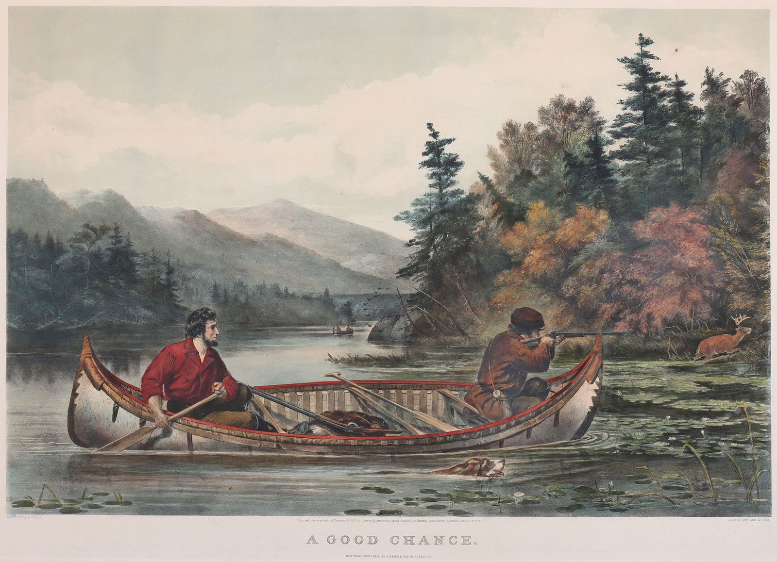 CURRIER & IVES: CURRIER & IVES after ARTHUR FITZWILLIAM TAIT (American, 1819-1905), ''A Good Chance'', 1863, lithograph with hand-coloring heightened with gum arabic. Framed under glass, in bird's eye maple frame. Re