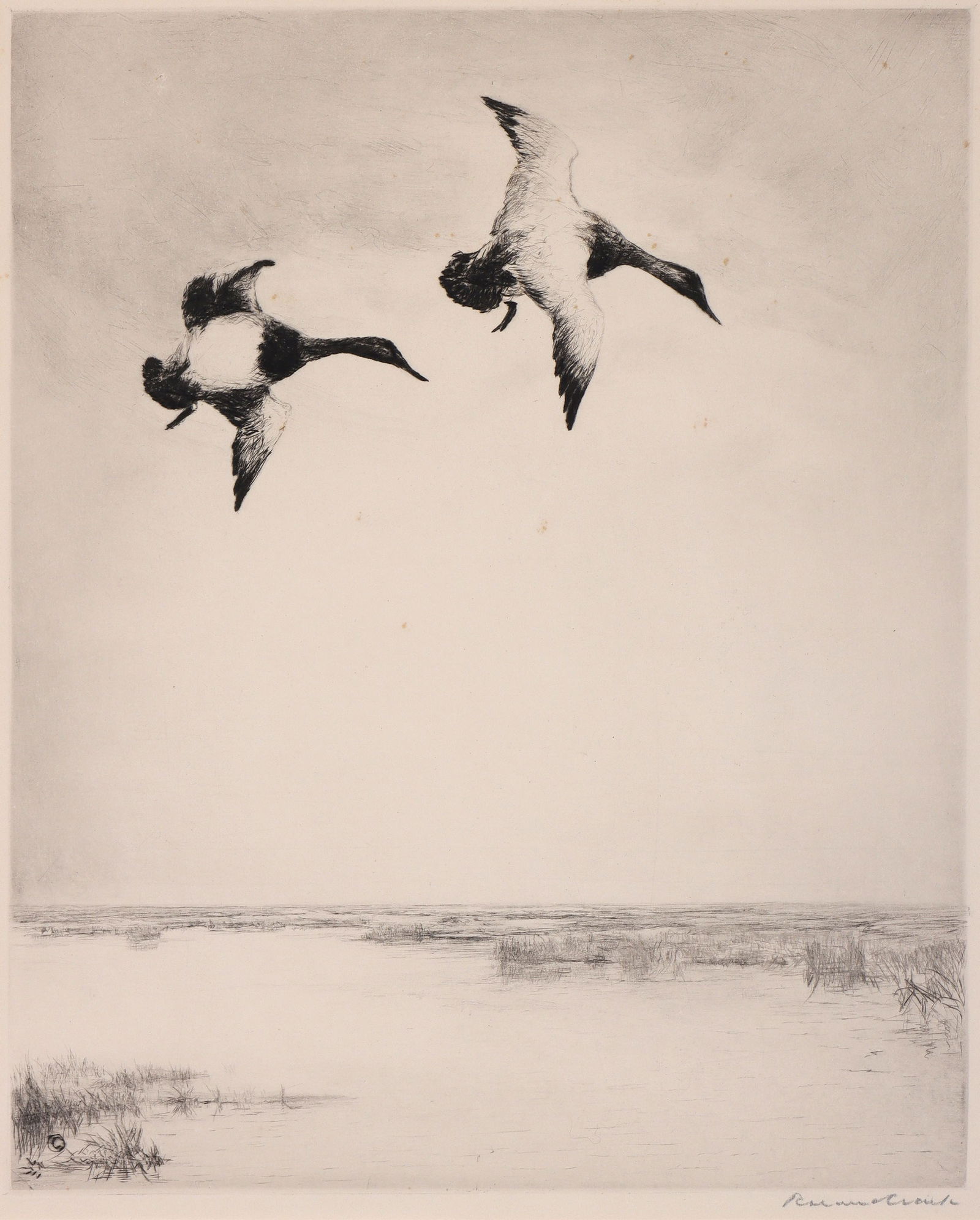 ROLAND CLARK (American, 1874-1957): ROLAND CLARK (American, 1874-1957), ''Stay High'', etching on wove paper, pencil signed lower right margin, titled in pencil lower center. Hinge-mounted, matted and framed under glass. Foxing, matstai