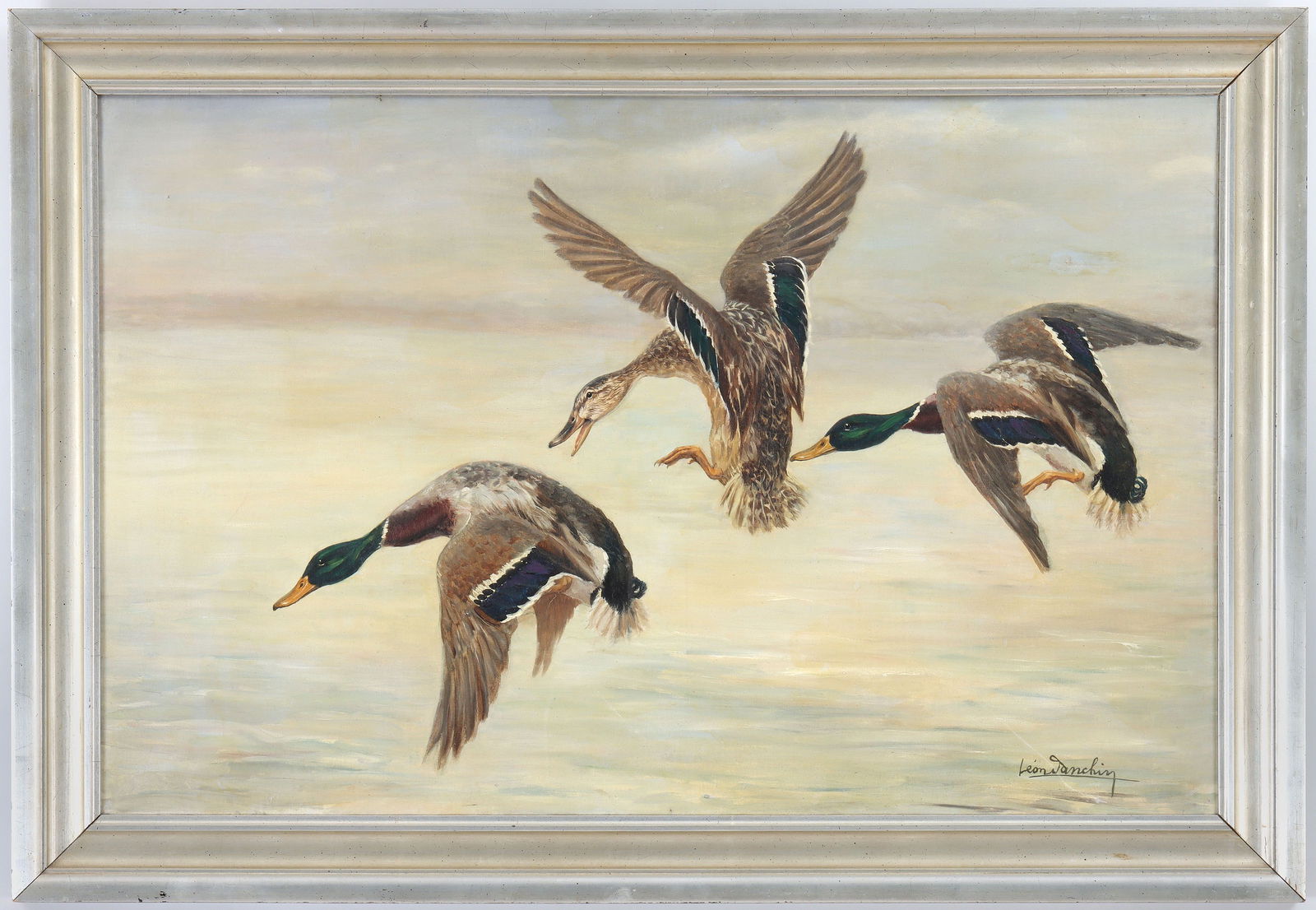 French School (20th century): French School (20th century), three mallards in flight, oil on canvas, bears signature ''Leon Danchin'' lower right. Expansion crackle, minor touch-ups, light abrasions. Canvas 25-1/2''h, 39-1/2''w.