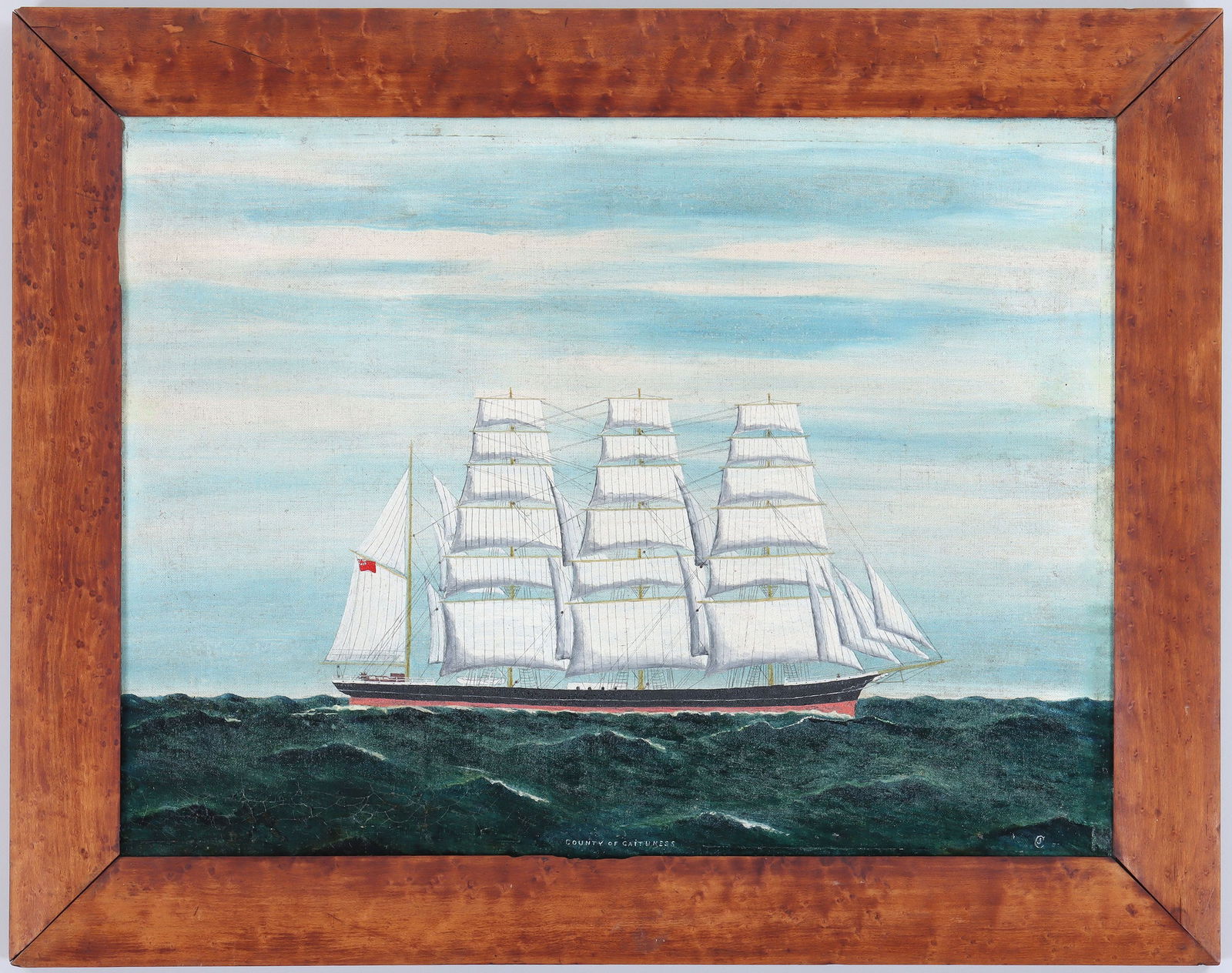 British School (19th century): British School (19th century), folk art ship portrait of the ''County of Caithness'', oil on canvas, indistinctly signed lower right, titled lower middle. Repairs with touch-ups, craquelure. Canvas 17
