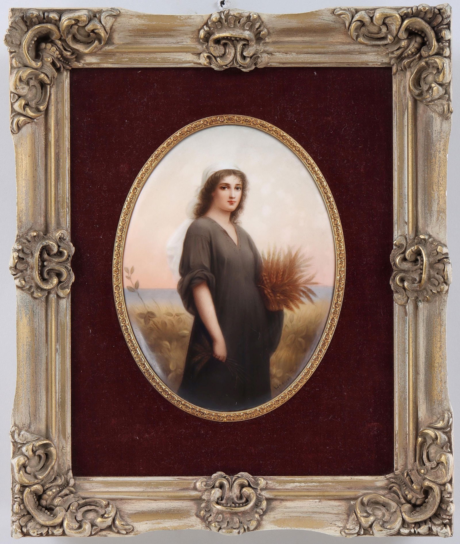 KPM framed oval plaque: KPM framed oval plaque with portrait of Ruth after CHARLES ZACHARIE LANDELLE (French, 1821-1908), hand-painted porcelain, signed ''Wagner'' lower right, impressed KPM scepter mark on verso. Plaque 6-3