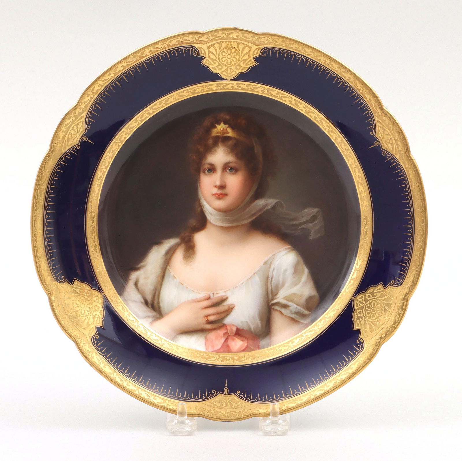 Royal Vienna porcelain cabinet plate: Royal Vienna hand-painted porcelain cabinet plate with portrait of Louise Mecklenburg-Strelitz, Queen of Prussia, after GUSTAV KARL LUDWIG RICHTER (German, 1823-1884), having cobalt ground with gilt a