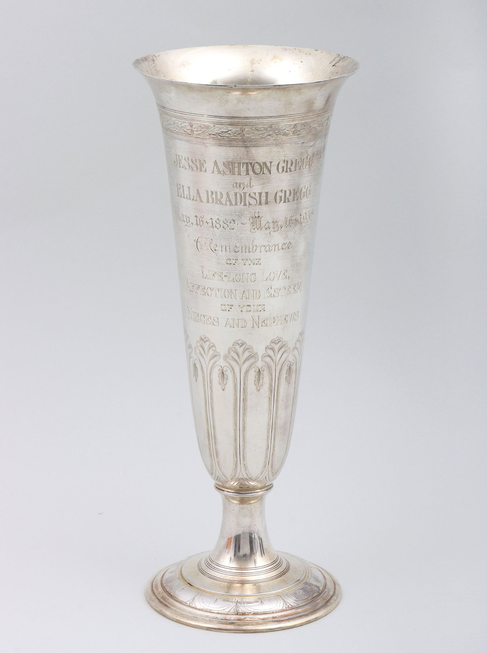 Attr. to Tiffany sterling commemorative vase: Attributed to Tiffany & Co., sterling silver commemorative footed trumpet vase, early 20th century, front inscribed ''Jesse Ashton Gregg and Ella Bradish Gregg, May, 16-1882 - May, 16-1932, A Remembra