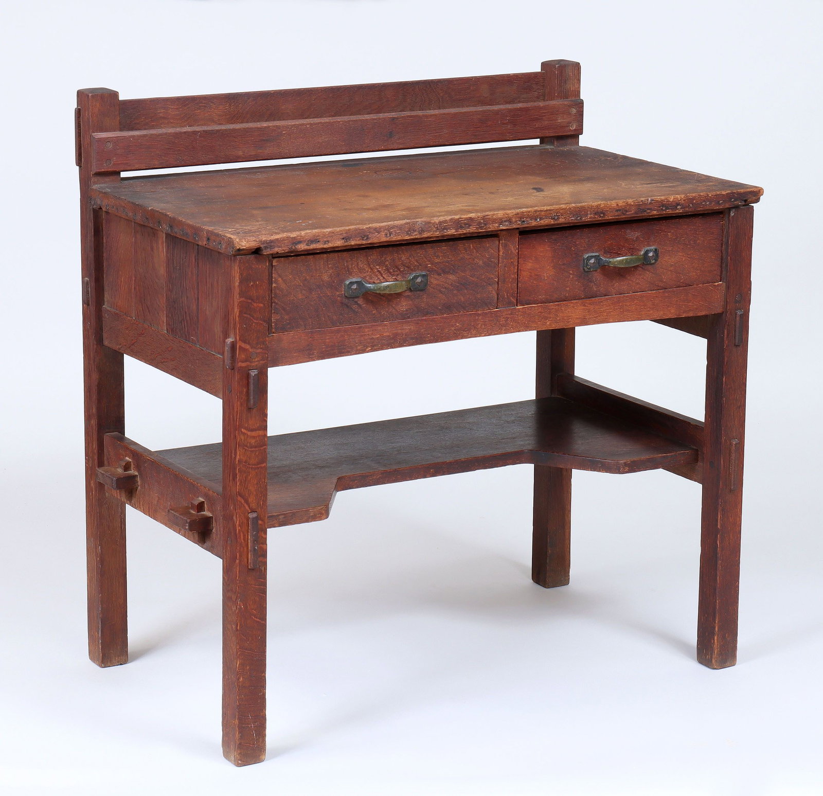 GUSTAV STICKLEY (American, 1858-1942): GUSTAV STICKLEY (American, 1858-1942), postcard desk, probably early (circa 1901), of mortise and tenon construction, having rectangular top with letter rack, back of top with original leather tacks, 