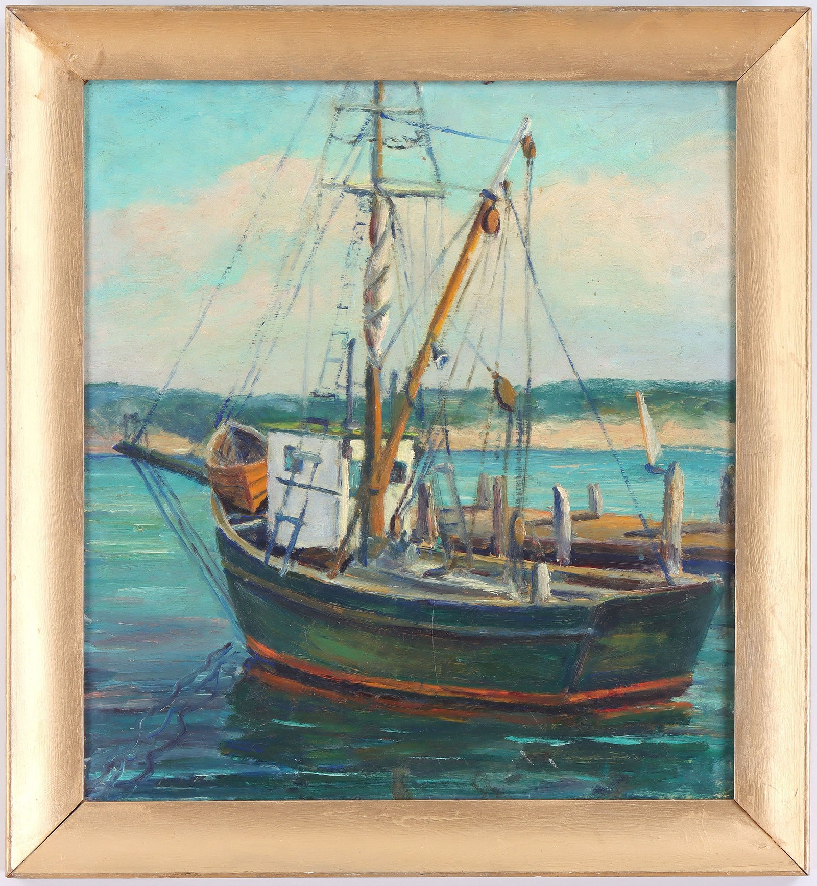 CLARA MOORE HOWARD (Long Island, 1882-1961): CLARA MOORE HOWARD (American, Long Island, 1882-1961), boat at dock, oil on board, signed ''Clara Howard Fitzpatrick'' and inscribed ''Mattituck, L.I.'' on board verso. Yellowed varnish, surface dirt 