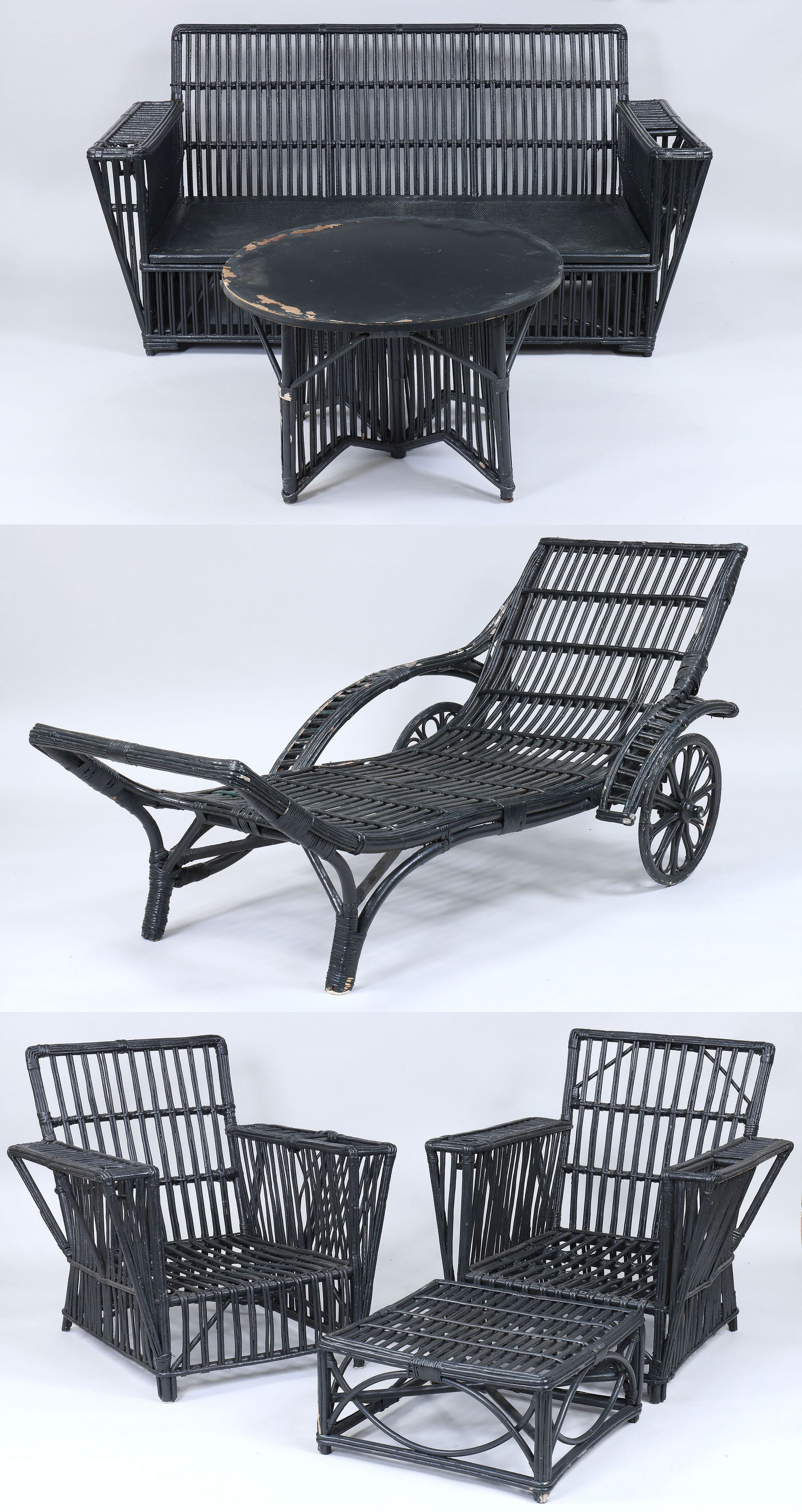 Six-piece rattan set: Six-piece rattan set, black-painted, to include: sofa, chaise lounge, pair of armchairs, table, and ottoman. Wear from use, losses, no cushions. Sofa 32-1/2''h, 66-1/4''w, 33-1/2''d; armchairs 33''h,